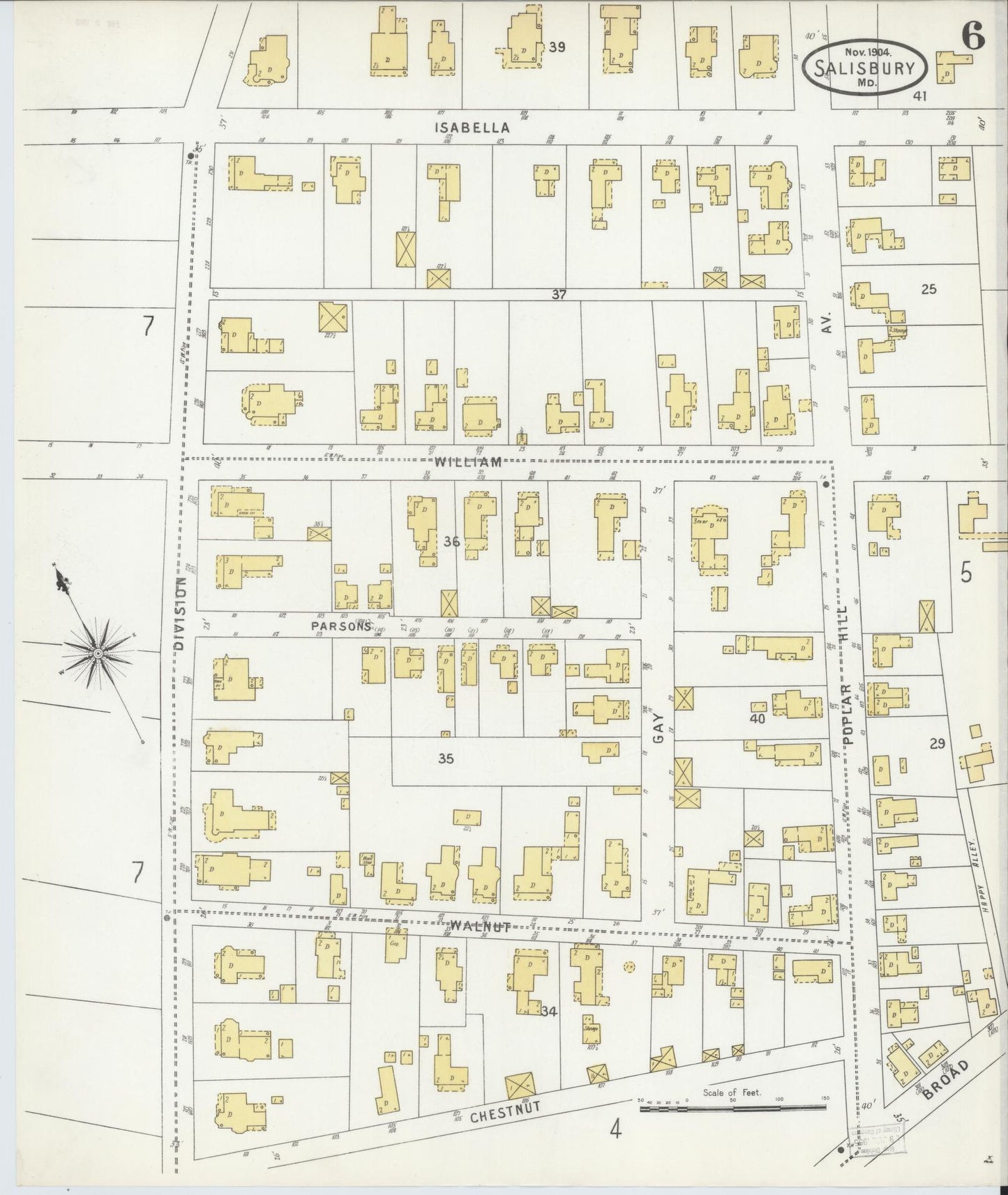 Sanborn Fire Insurance Map from Salisbury, Wicomico County, Maryland (1904), Sheet #0006 - Historic Sanborn Fire Insurance Map Print, vintage old map wall art, antique decor, genealogy gift, Maryland Maryland map