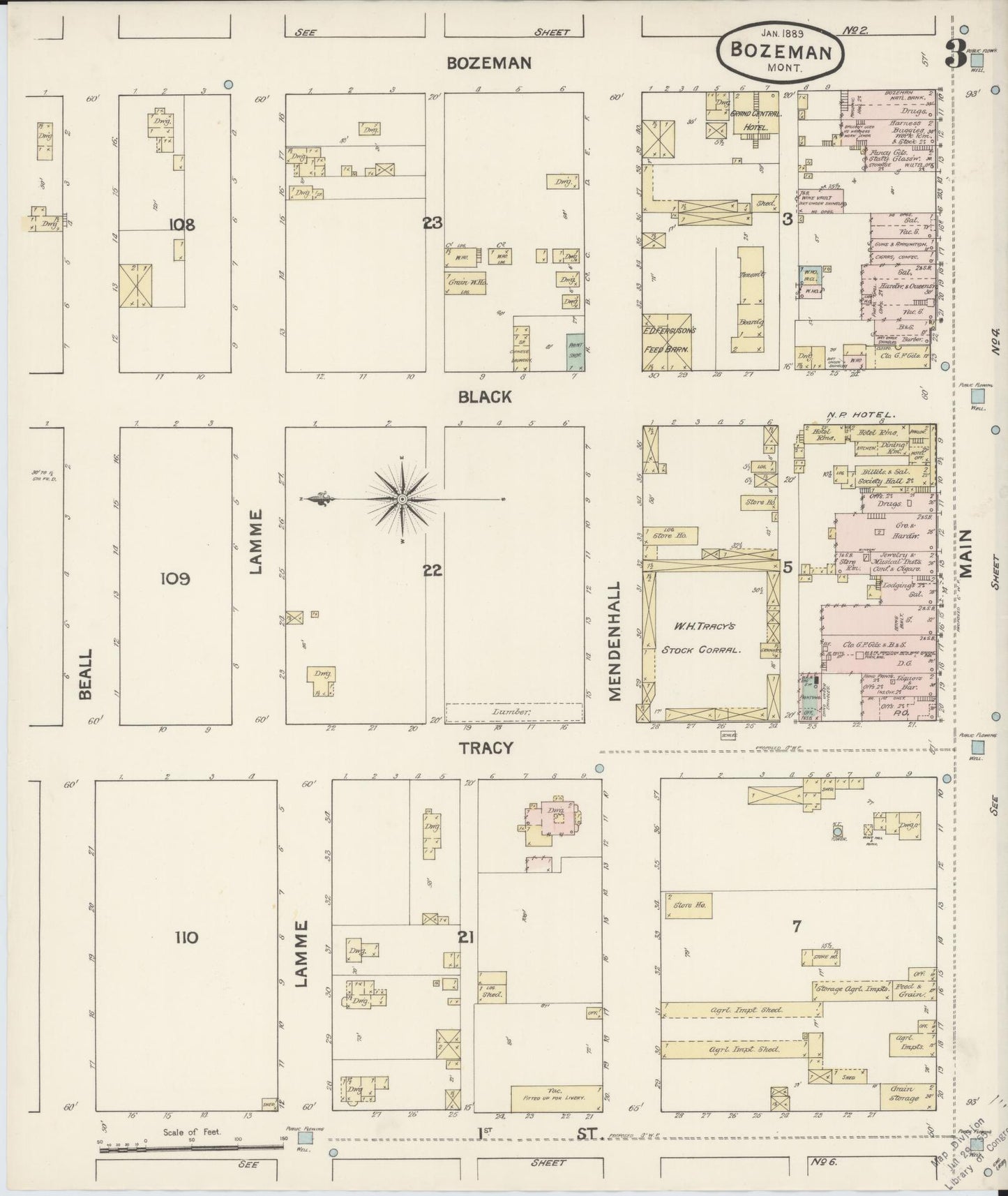 Sanborn Fire Insurance Map from Bozeman, Gallatin County, Montana (1889), Sheet #0003 - Historic Sanborn Fire Insurance Map Print, vintage old map wall art, antique decor, genealogy gift, Montana Montana map