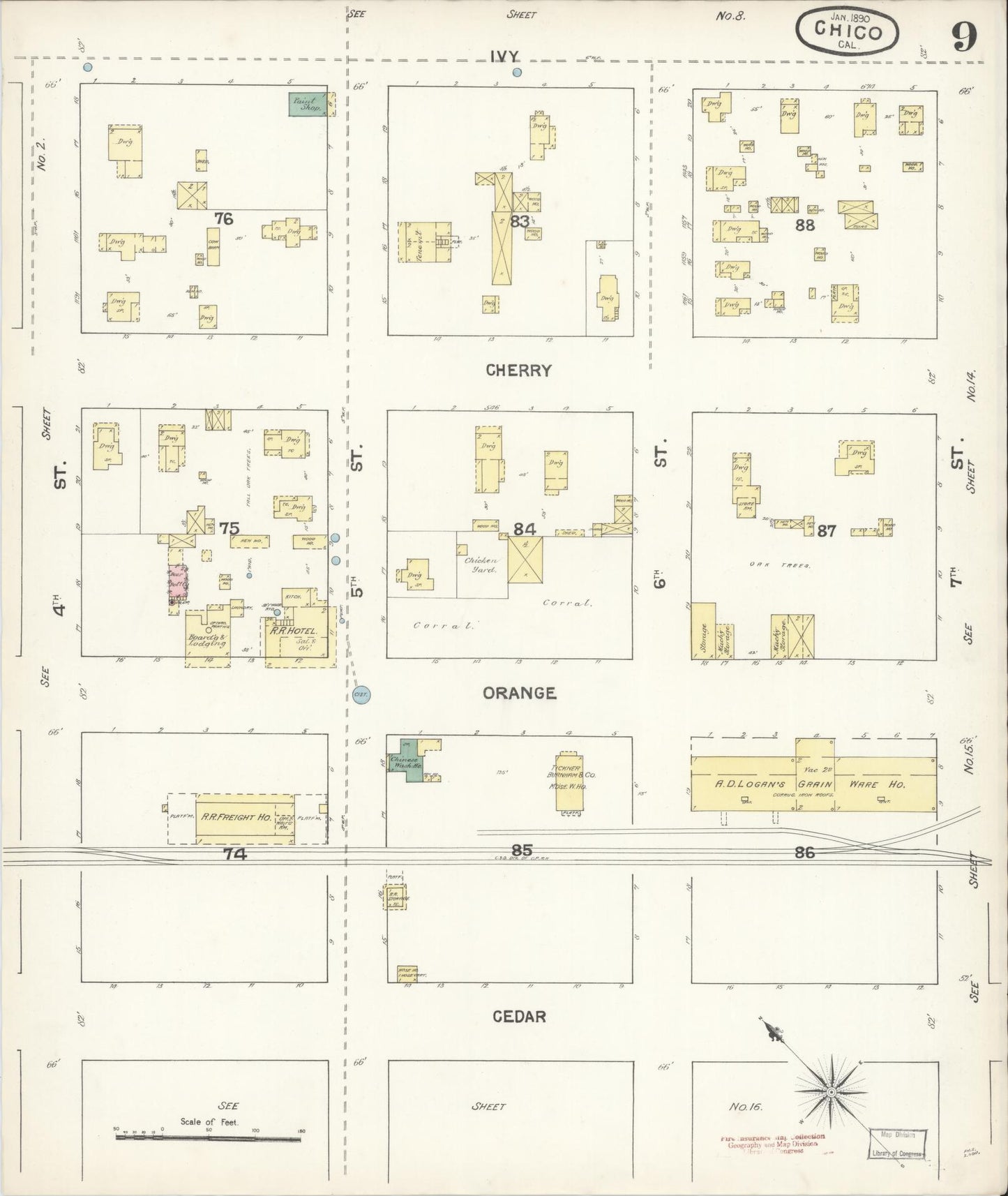 Sanborn Fire Insurance Map from Chico, Butte County, California (1890), Sheet #0009 - Historic Sanborn Fire Insurance Map Print, vintage old map wall art, antique decor, genealogy gift, California California map