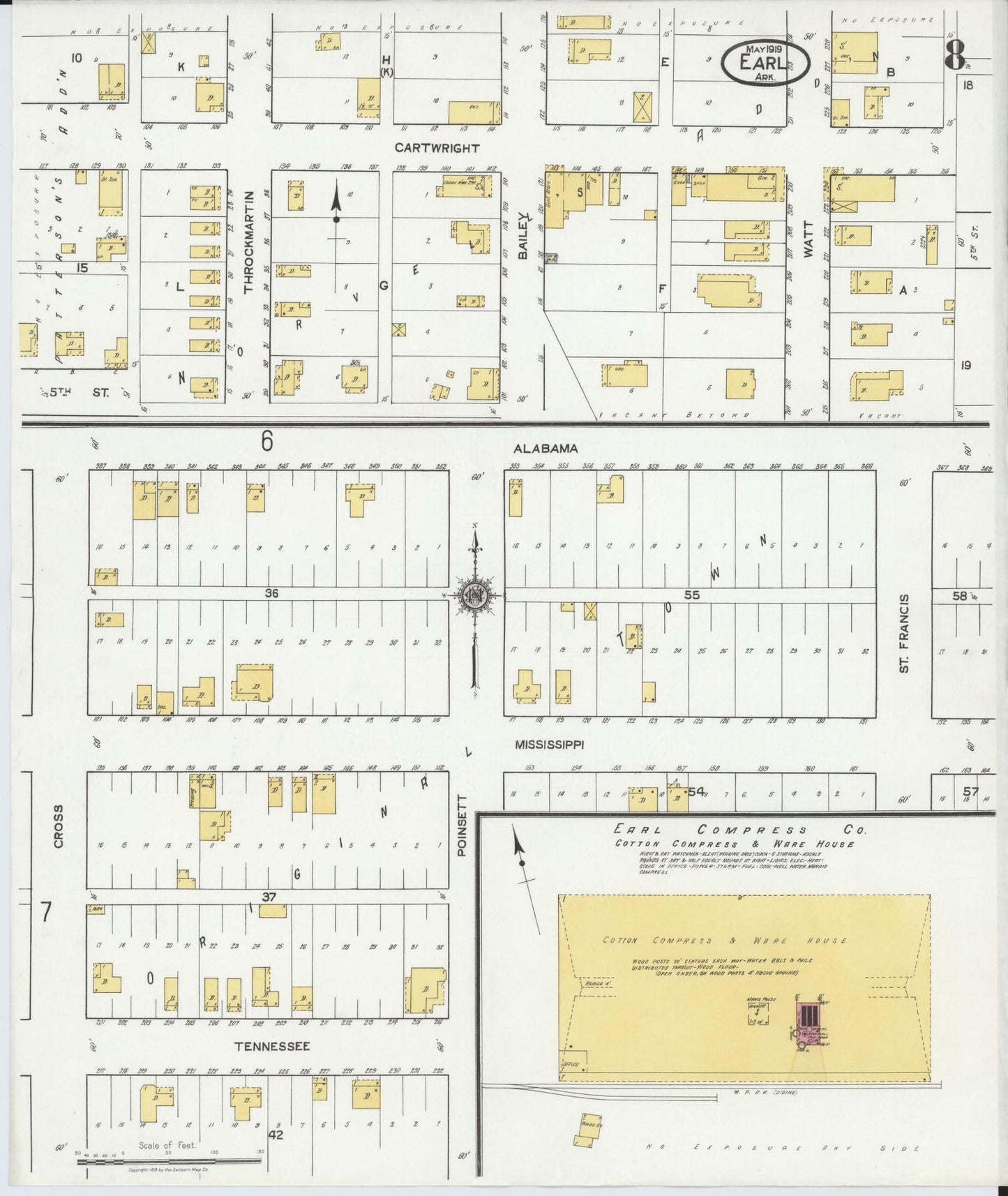Sanborn Fire Insurance Map from Earle, Crittenden County, Arkansas (1919), Sheet #0008 - Complete Map Set gallery image, historic Sanborn map, vintage wall art, Arkansas Arkansas