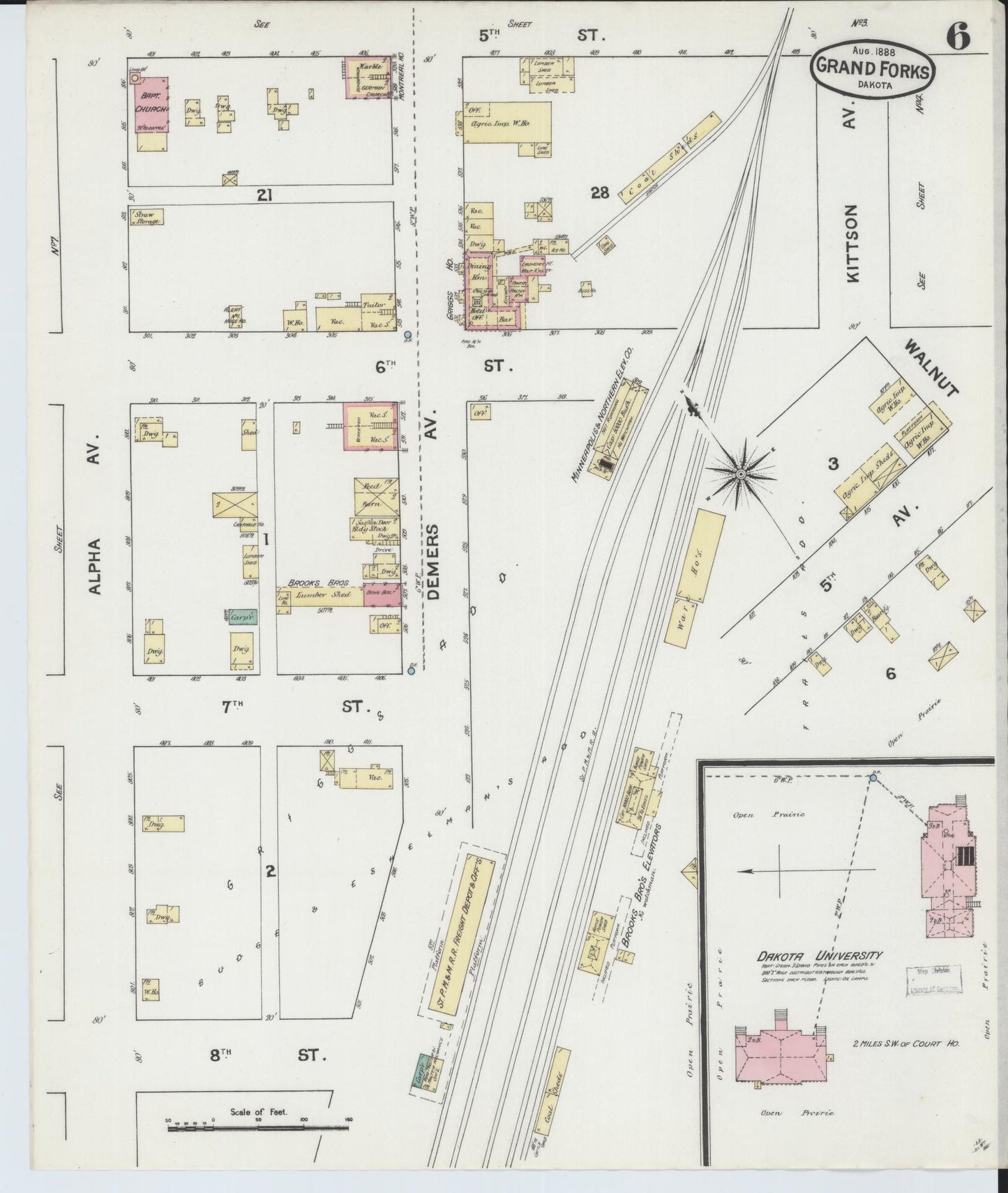 Sanborn Fire Insurance Map from Grand Forks, Grand Forks County, North Dakota (1888), Sheet #0006 - Historic Sanborn Fire Insurance Map Print, vintage old map wall art, antique decor, genealogy gift, North Dakota North Dakota map