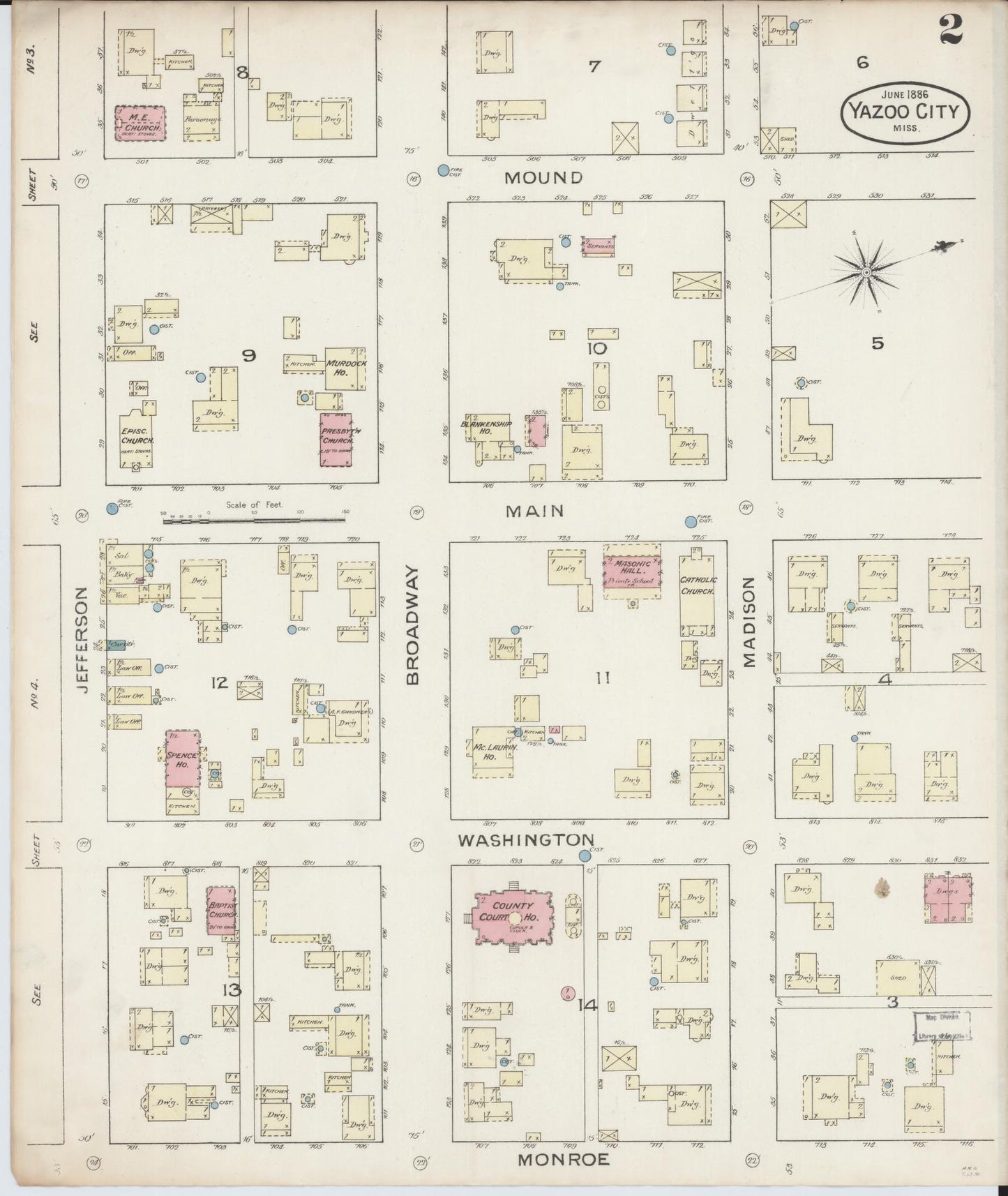 Sanborn Fire Insurance Map from Yazoo City, Yazoo County, Mississippi (1886), Sheet #0002 - Historic Sanborn Fire Insurance Map Print, vintage old map wall art, antique decor, genealogy gift, Mississippi Mississippi map