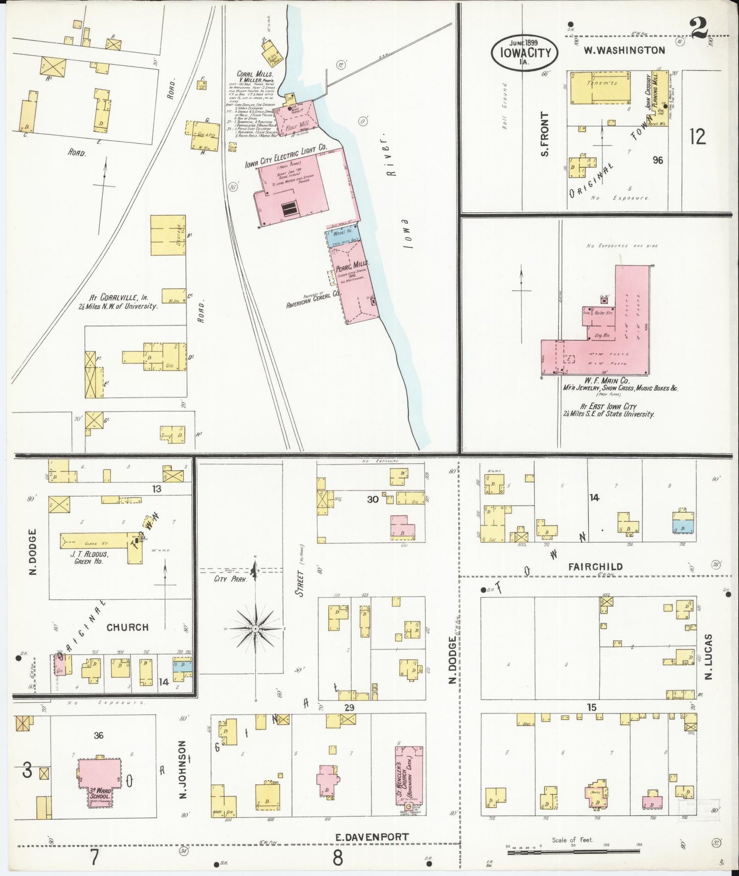 Sanborn Fire Insurance Map from Iowa City, Johnson County, Iowa (1899), Sheet #0002 - Historic Sanborn Fire Insurance Map Print, vintage old map wall art