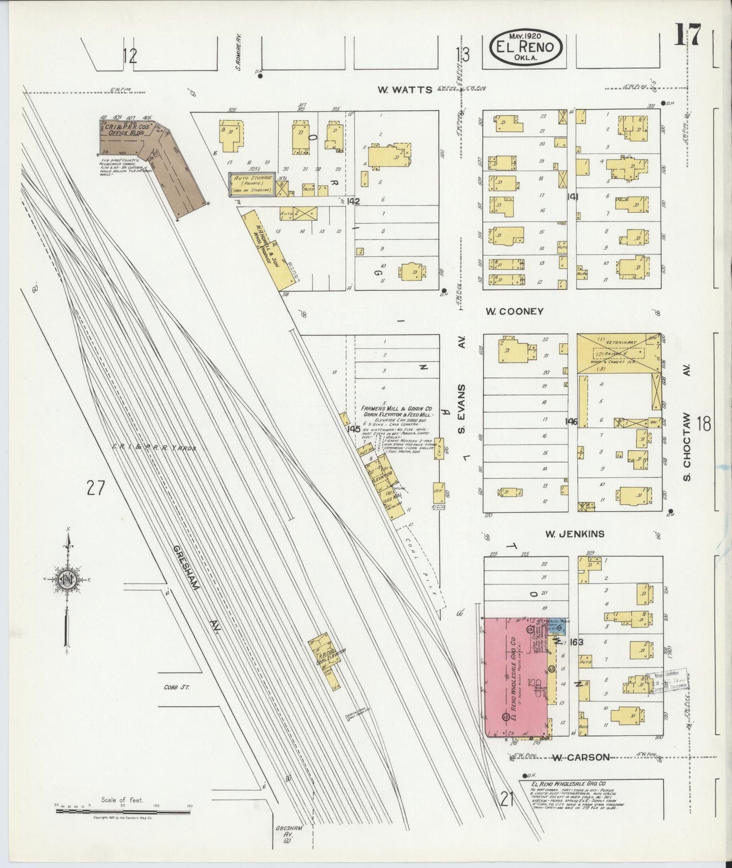 Sanborn Fire Insurance Map from El Reno, Canadian County, Oklahoma (1920), Sheet #0017 - Historic Sanborn Fire Insurance Map Print, vintage old map wall art, antique decor, genealogy gift, Oklahoma Oklahoma map