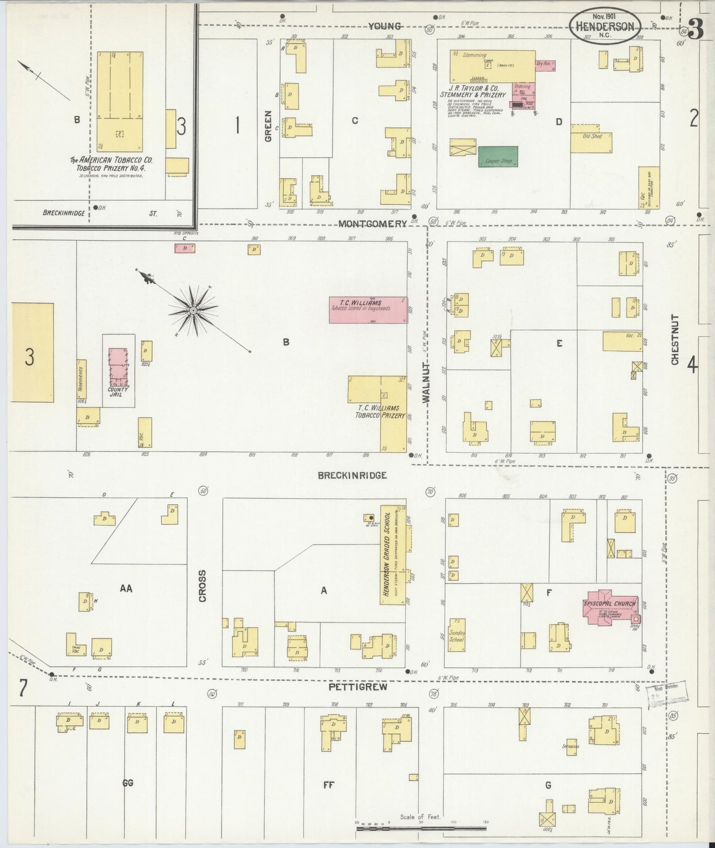 Sanborn Fire Insurance Map from Henderson, Vance County, North Carolina (1901), Sheet #0003 - Historic Sanborn Fire Insurance Map Print, vintage old map wall art, antique decor, genealogy gift, North Carolina North Carolina map