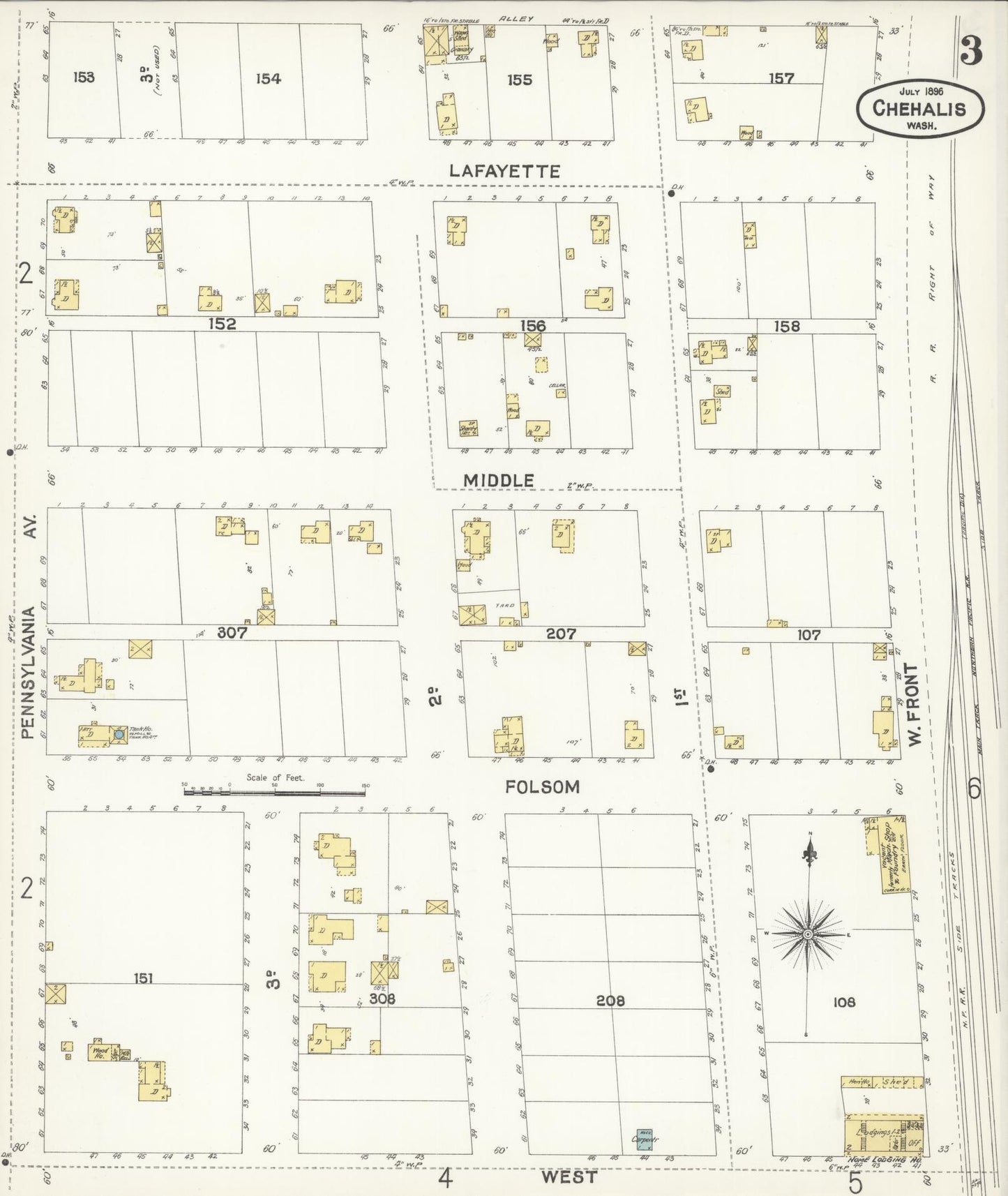 Sanborn Fire Insurance Map from Chehalis, Lewis County, Washington (1896), Sheet #0003 - Historic Sanborn Fire Insurance Map Print, vintage old map wall art, antique decor, genealogy gift, Washington Washington map