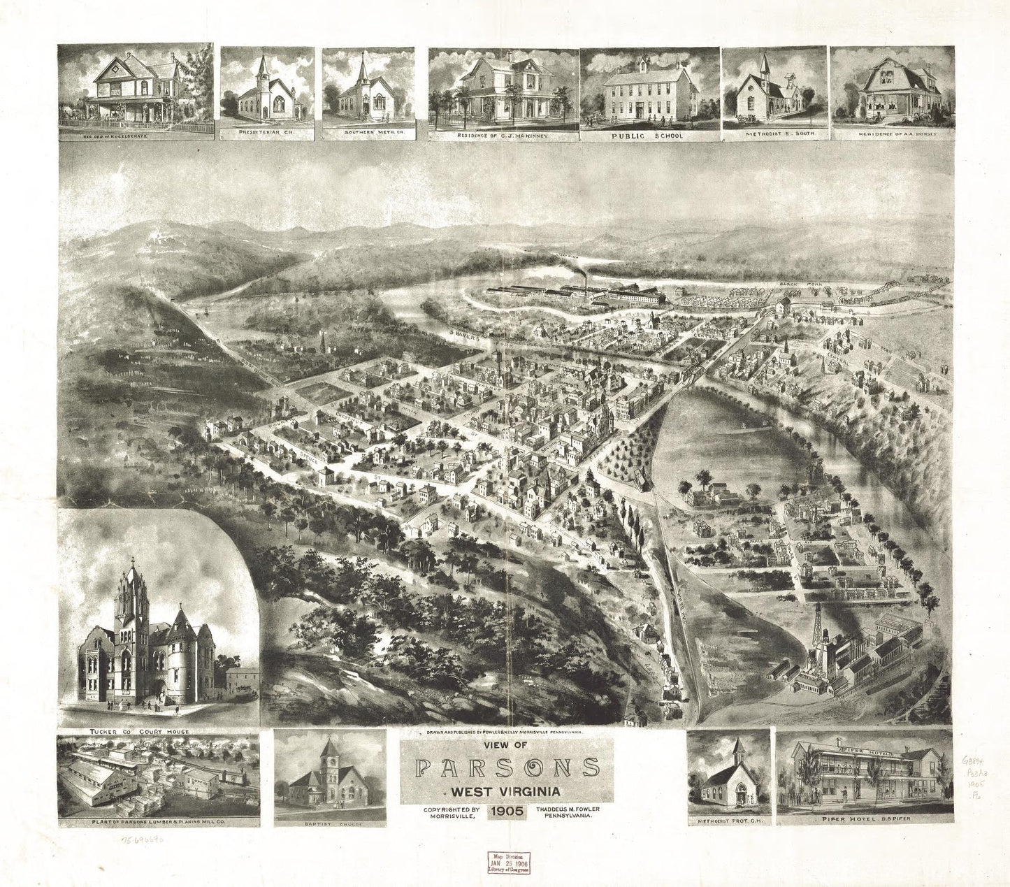 View of Parsons, West Virginia 1905. (1905) – Historic Bird’s-Eye View Panorama Print