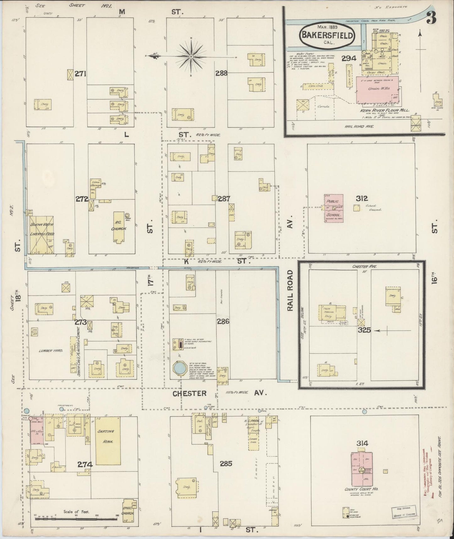 Sanborn Fire Insurance Map from Bakersfield, Kern County, California (1889), Sheet #0003 - Historic Sanborn Fire Insurance Map Print, vintage old map wall art, antique decor, genealogy gift, California California map