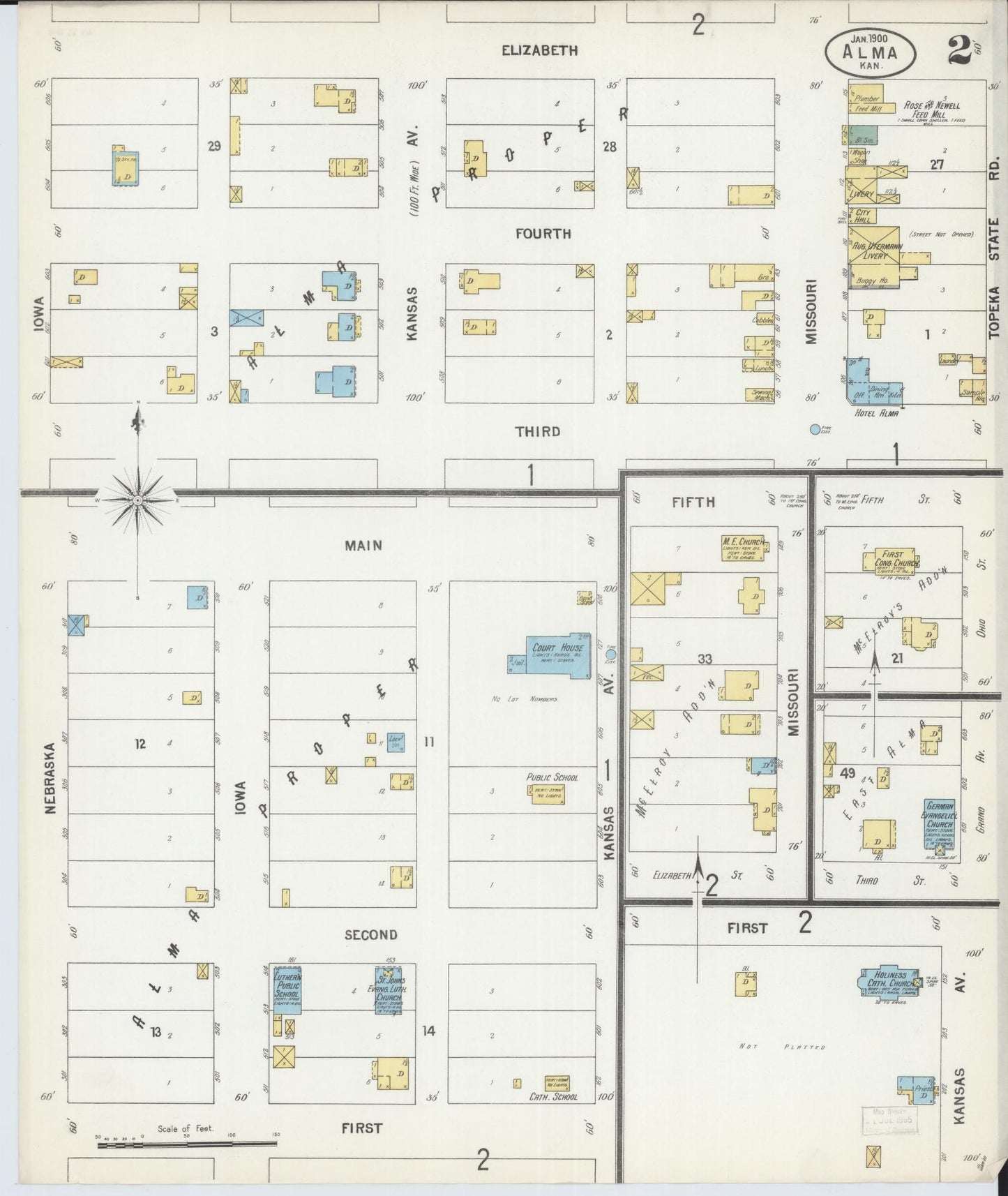 Sanborn Fire Insurance Map from Alma, Wabaunsee County, Kansas (1900), Sheet #0002 - Complete Map Set gallery image, historic Sanborn map, vintage wall art, Kansas Kansas