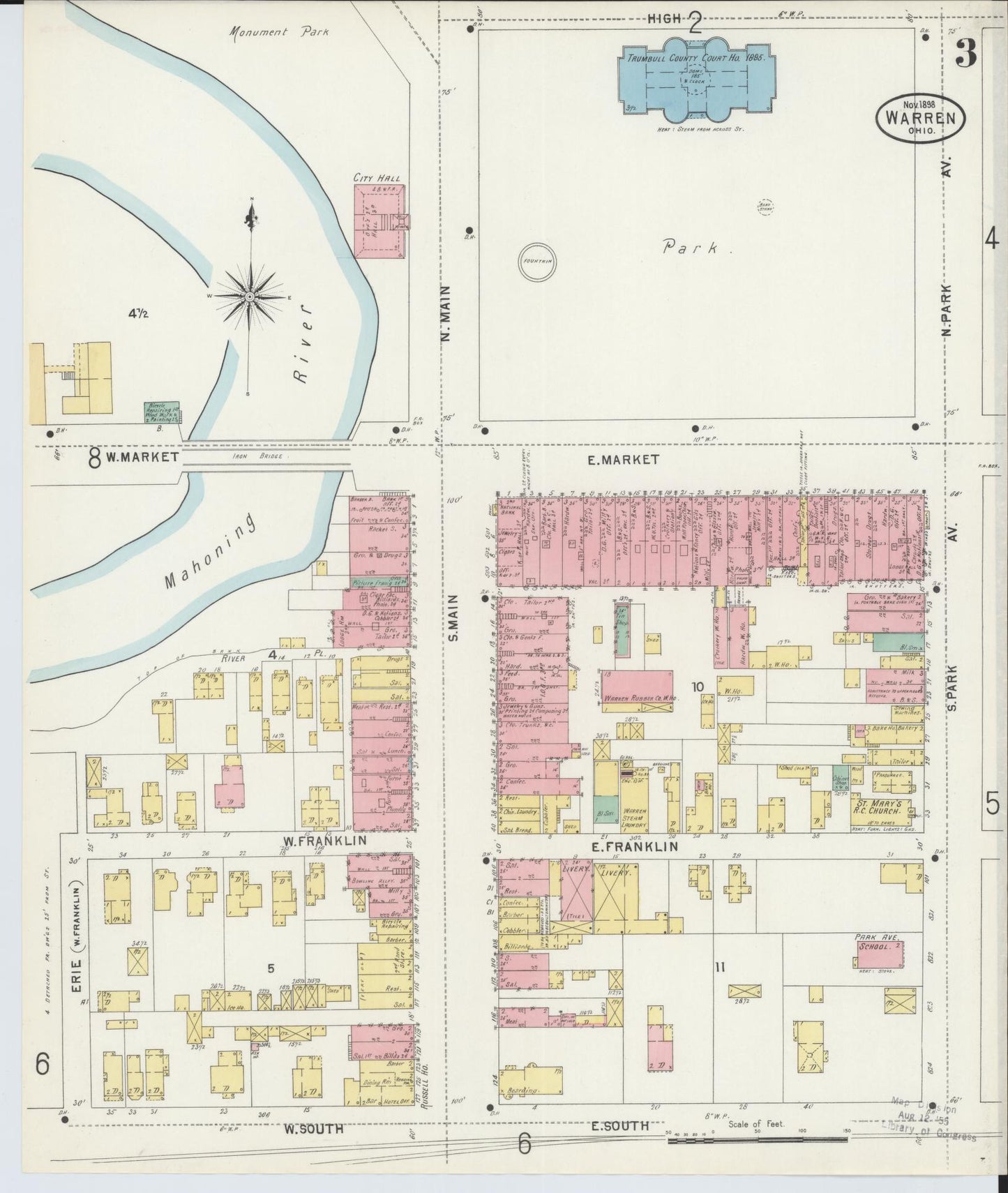 Sanborn Fire Insurance Map from Warren, Trumbull County, Ohio (1898), Sheet #0003 - Historic Sanborn Fire Insurance Map Print, vintage old map wall art, antique decor, genealogy gift, Ohio Ohio map