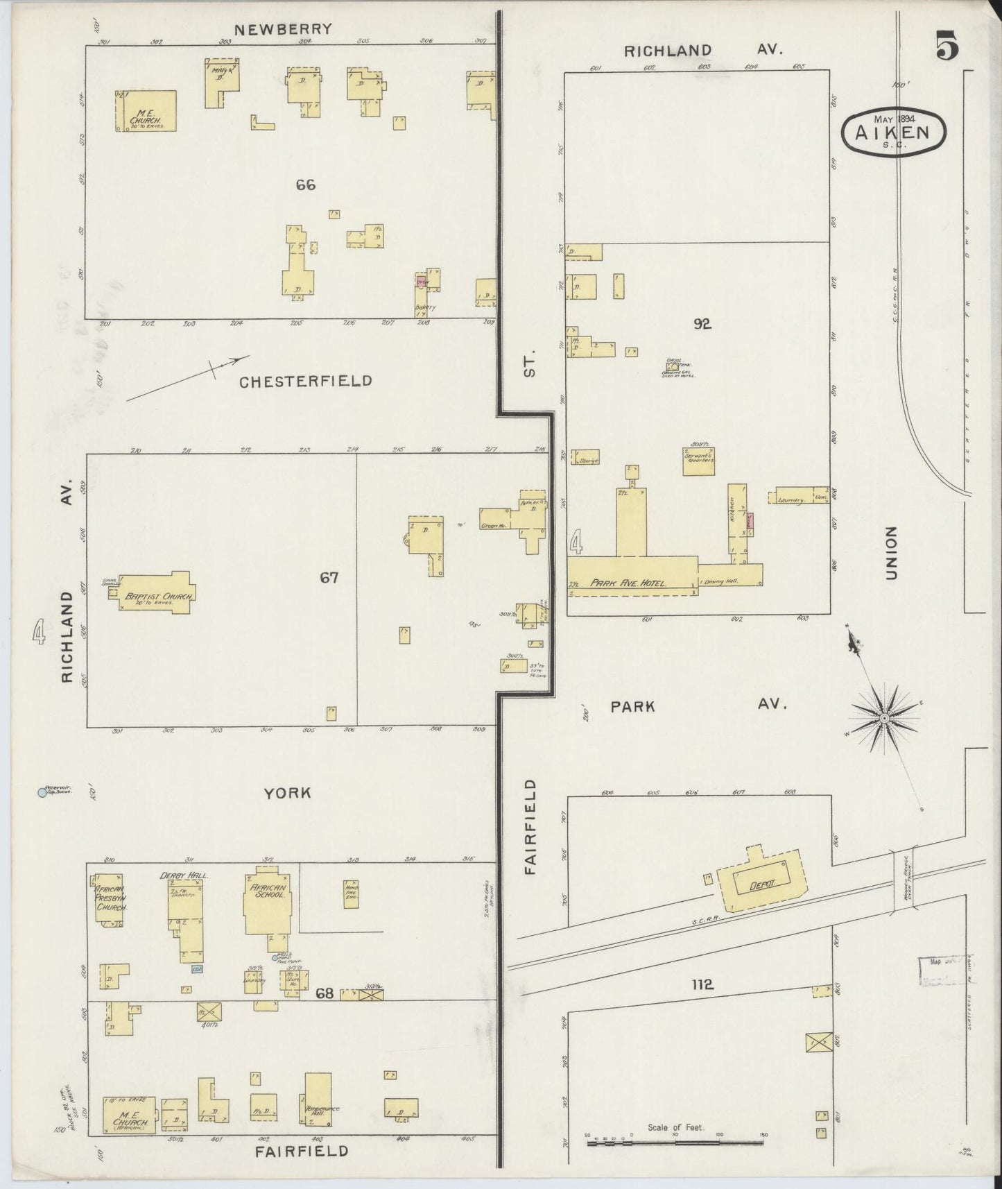 Sanborn Fire Insurance Map from Aiken, Aiken County, South Carolina (1894), Sheet #0005 - Complete Map Set gallery image, historic Sanborn map, vintage wall art, South Carolina South Carolina