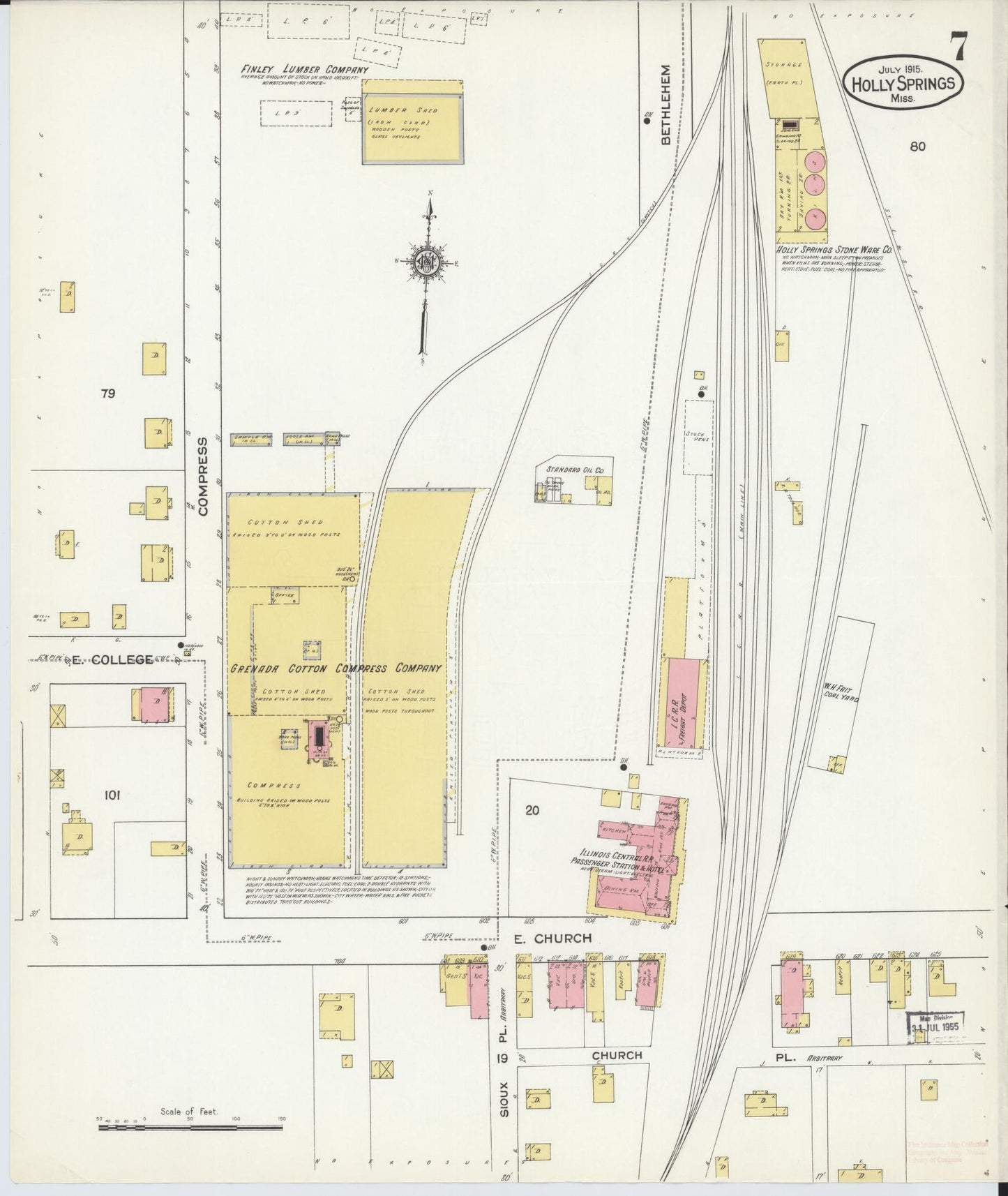 Sanborn Fire Insurance Map from Holly Springs, Marshall County, Mississippi (1915), Sheet #0007 - Historic Sanborn Fire Insurance Map Print, vintage old map wall art, antique decor, genealogy gift, Mississippi Mississippi map