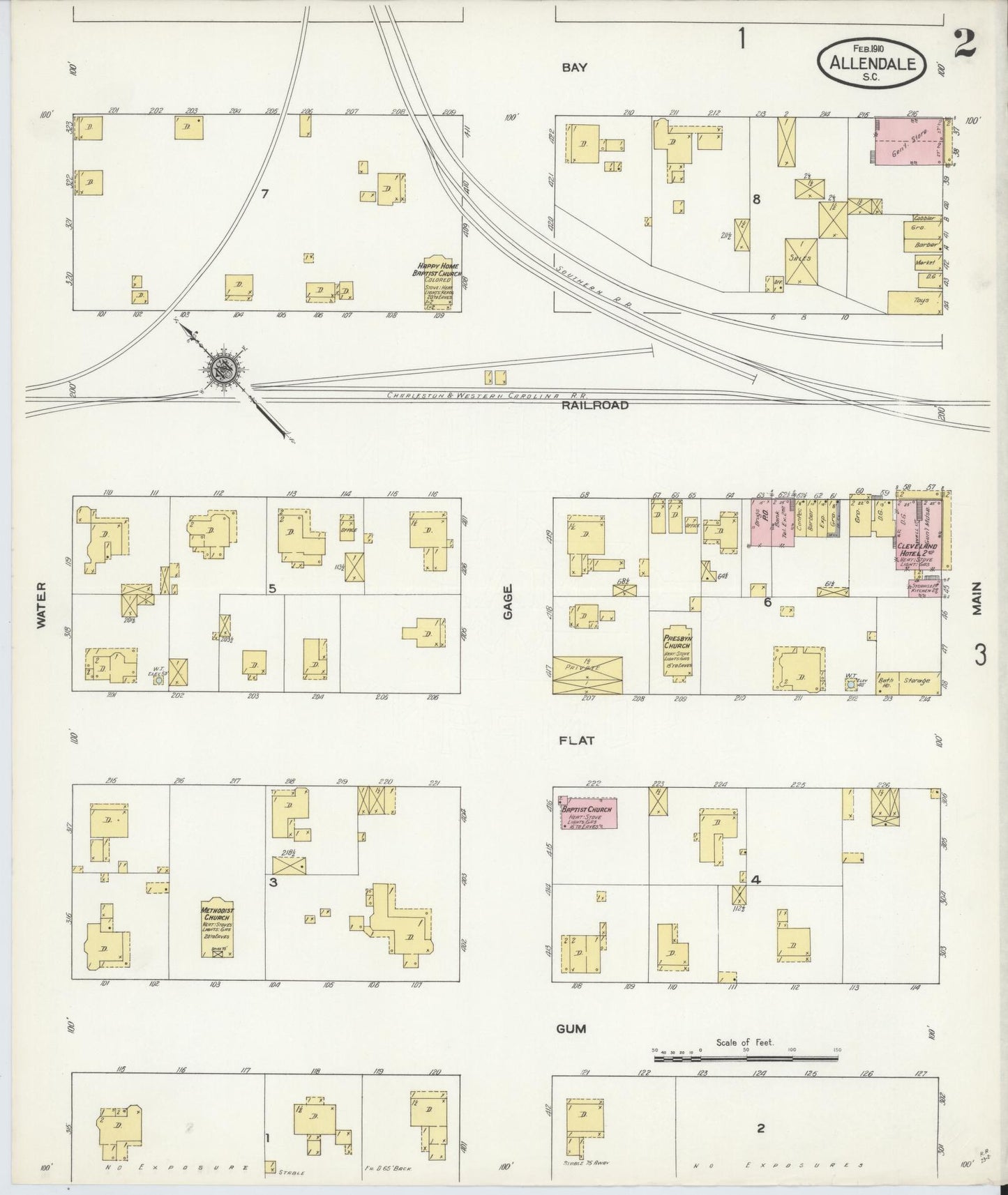 Sanborn Fire Insurance Map from Allendale, Allendale County, South Carolina (1910), Sheet #0002 - Historic Sanborn Fire Insurance Map Print, vintage old map wall art, antique decor, genealogy gift, South Carolina South Carolina map
