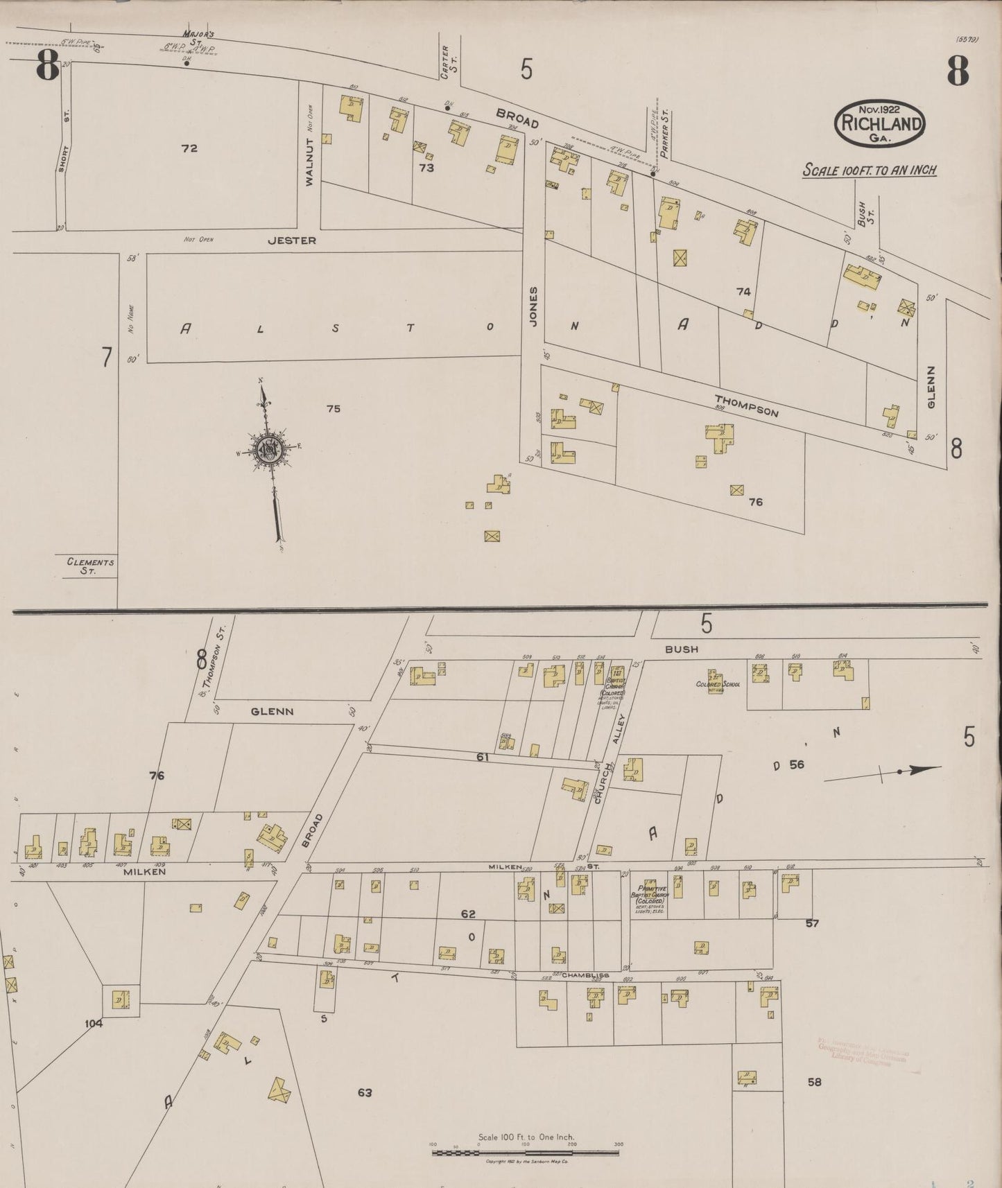Sanborn Fire Insurance Map from Richland, Stewart County, Georgia (1922), Sheet #0008 - Historic Sanborn Fire Insurance Map Print, vintage old map wall art, antique decor, genealogy gift, Georgia Georgia map
