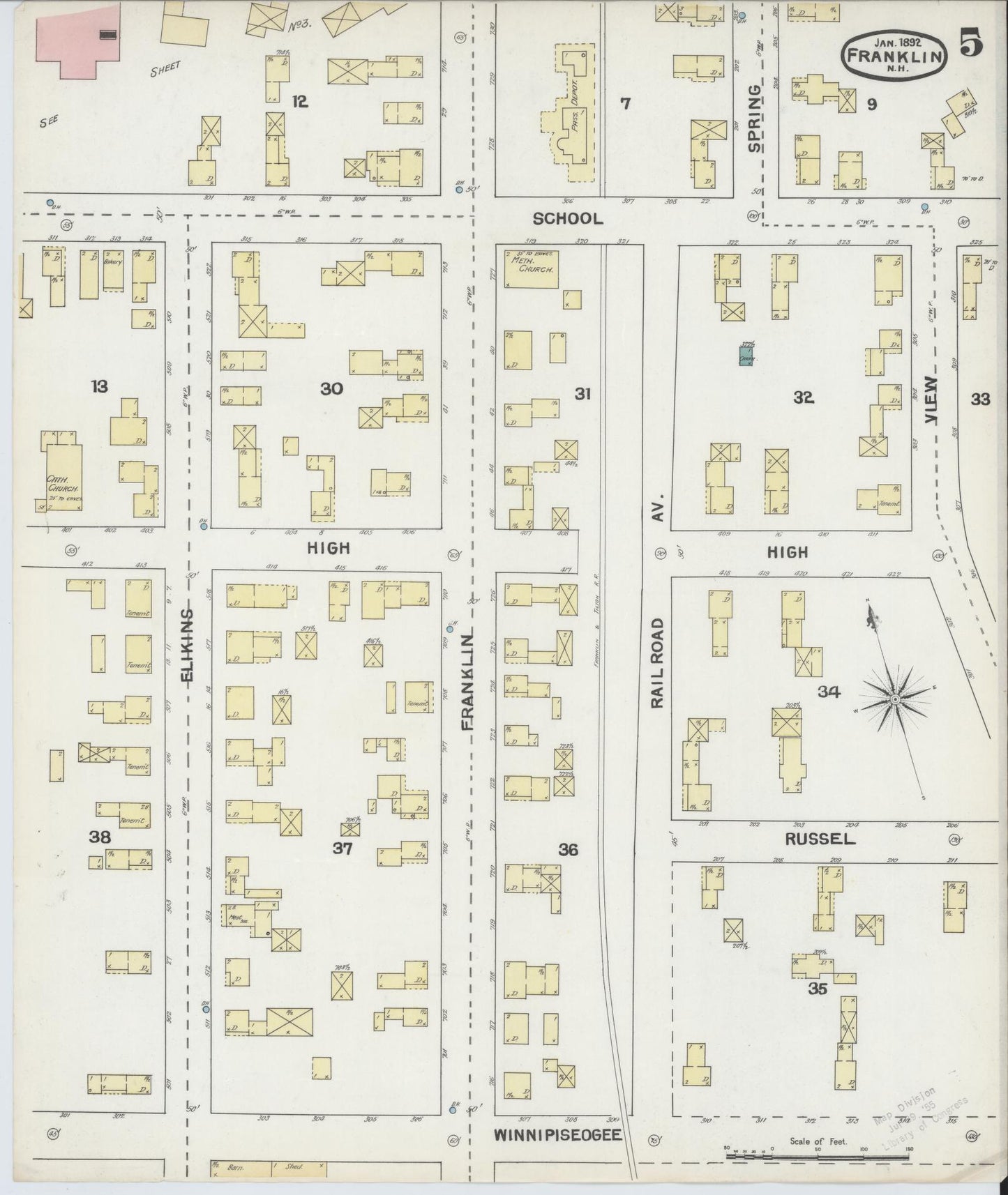 Sanborn Fire Insurance Map from Franklin, Merrimack County, New Hampshire (1892), Sheet #0005 - Complete Map Set gallery image, historic Sanborn map, vintage wall art, New Hampshire New Hampshire