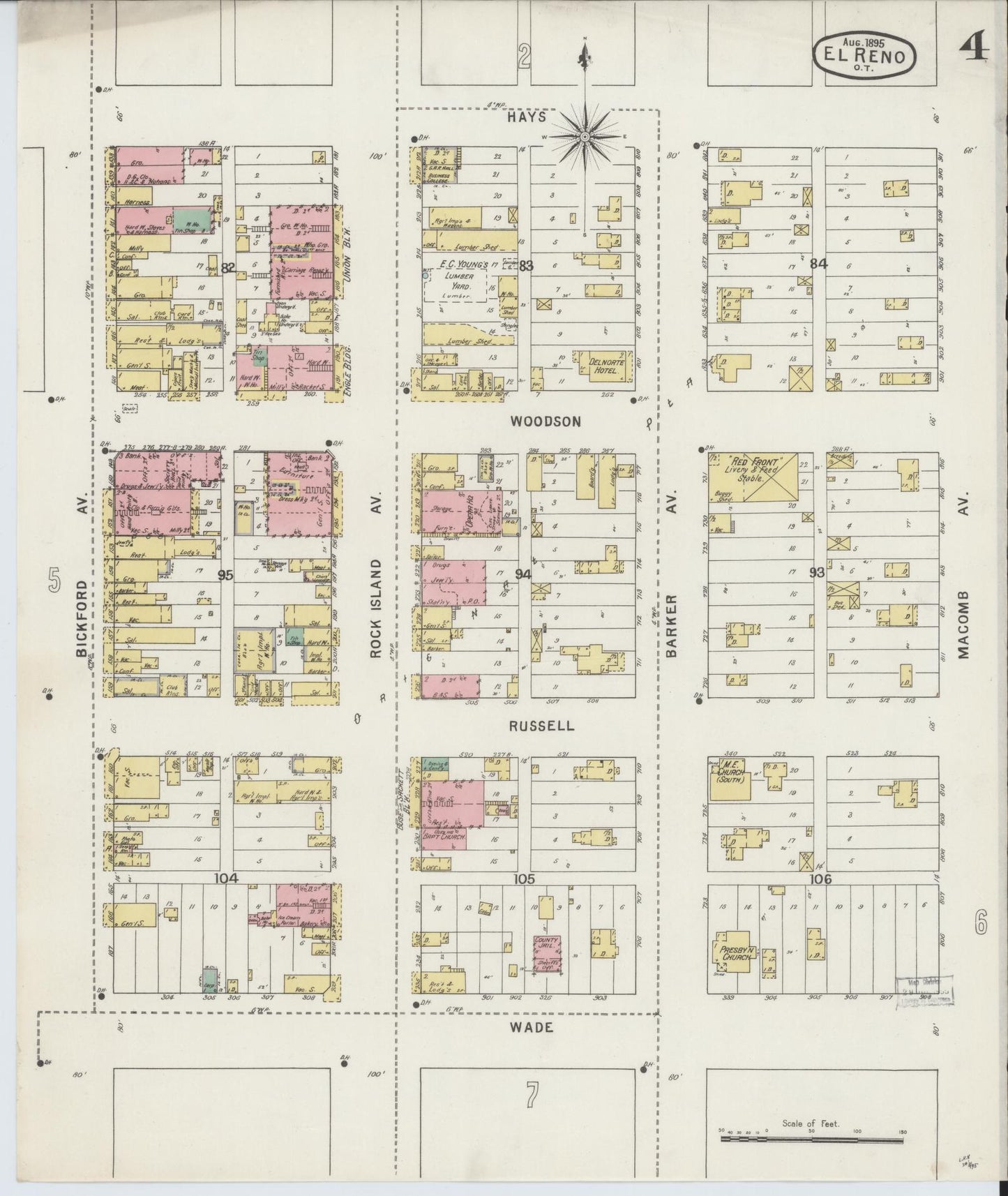 Sanborn Fire Insurance Map from El Reno, Canadian County, Oklahoma (1895), Sheet #0004 - Historic Sanborn Fire Insurance Map Print, vintage old map wall art, antique decor, genealogy gift, Oklahoma Oklahoma map