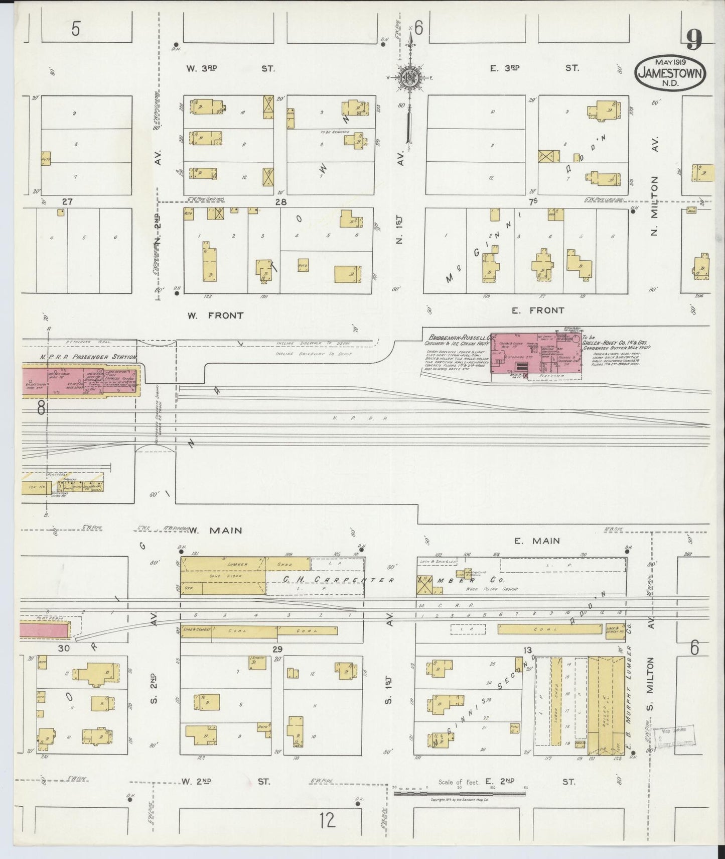 Sanborn Fire Insurance Map from Jamestown, Stutsman County, North Dakota (1919), Sheet #0009 - Historic Sanborn Fire Insurance Map Print, vintage old map wall art, antique decor, genealogy gift, North Dakota North Dakota map
