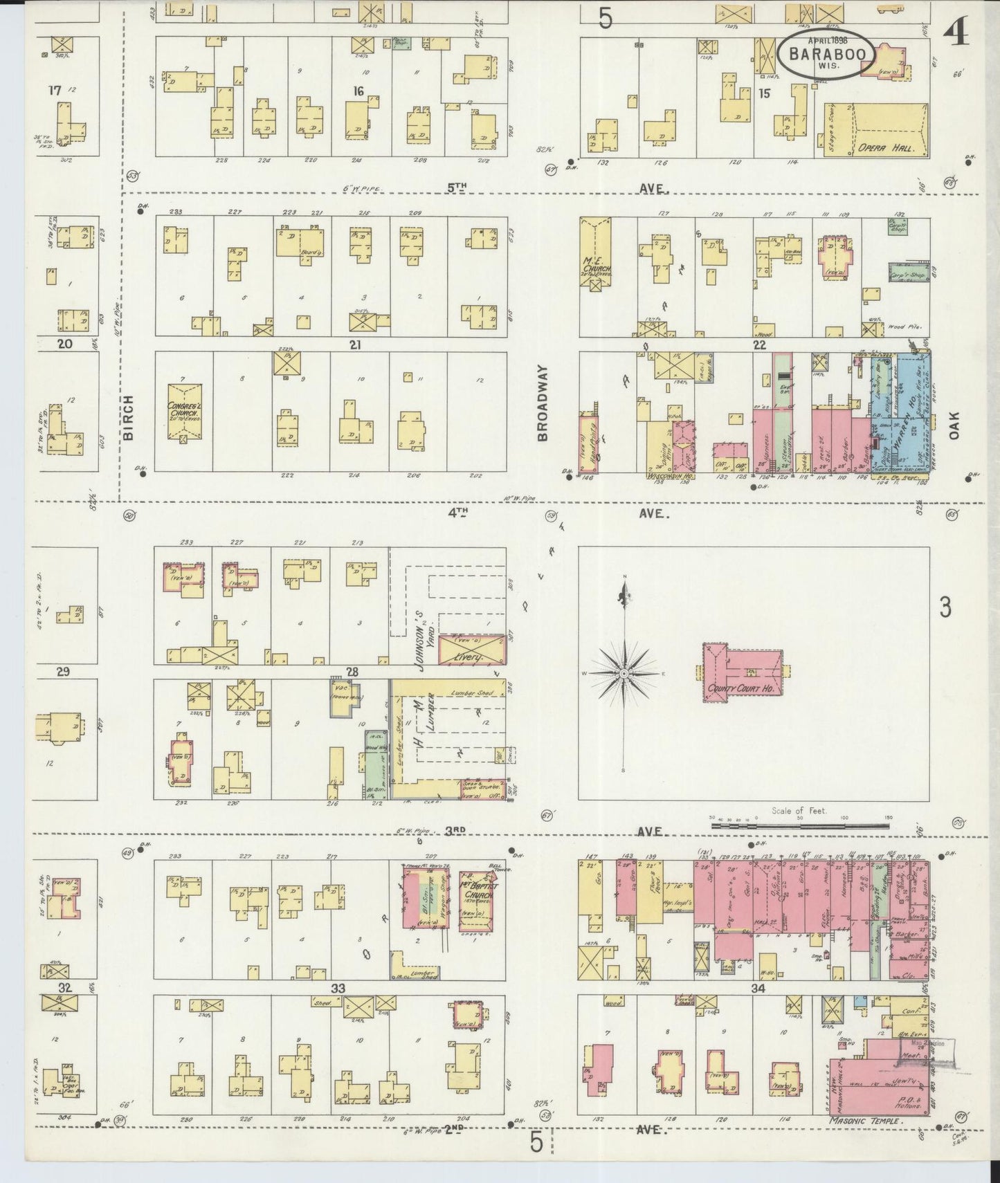 Sanborn Fire Insurance Map from Baraboo, Sauk County, Wisconsin (1898), Sheet #0004 - Historic Sanborn Fire Insurance Map Print, vintage old map wall art, antique decor, genealogy gift, Wisconsin Wisconsin map