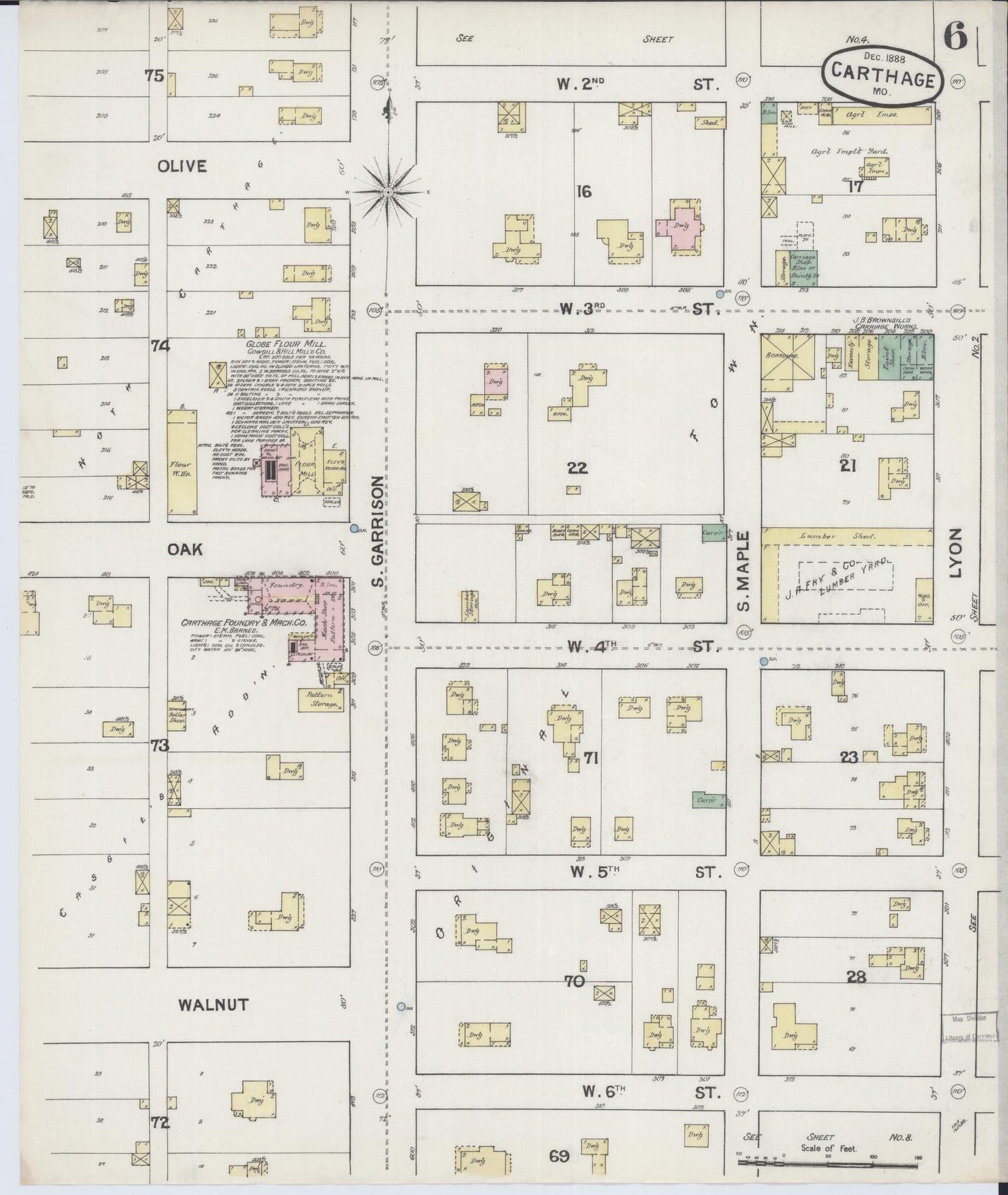 Sanborn Fire Insurance Map from Carthage, Jasper County, Missouri (1888), Sheet #0006 - Historic Sanborn Fire Insurance Map Print, vintage old map wall art, antique decor, genealogy gift, Missouri Missouri map