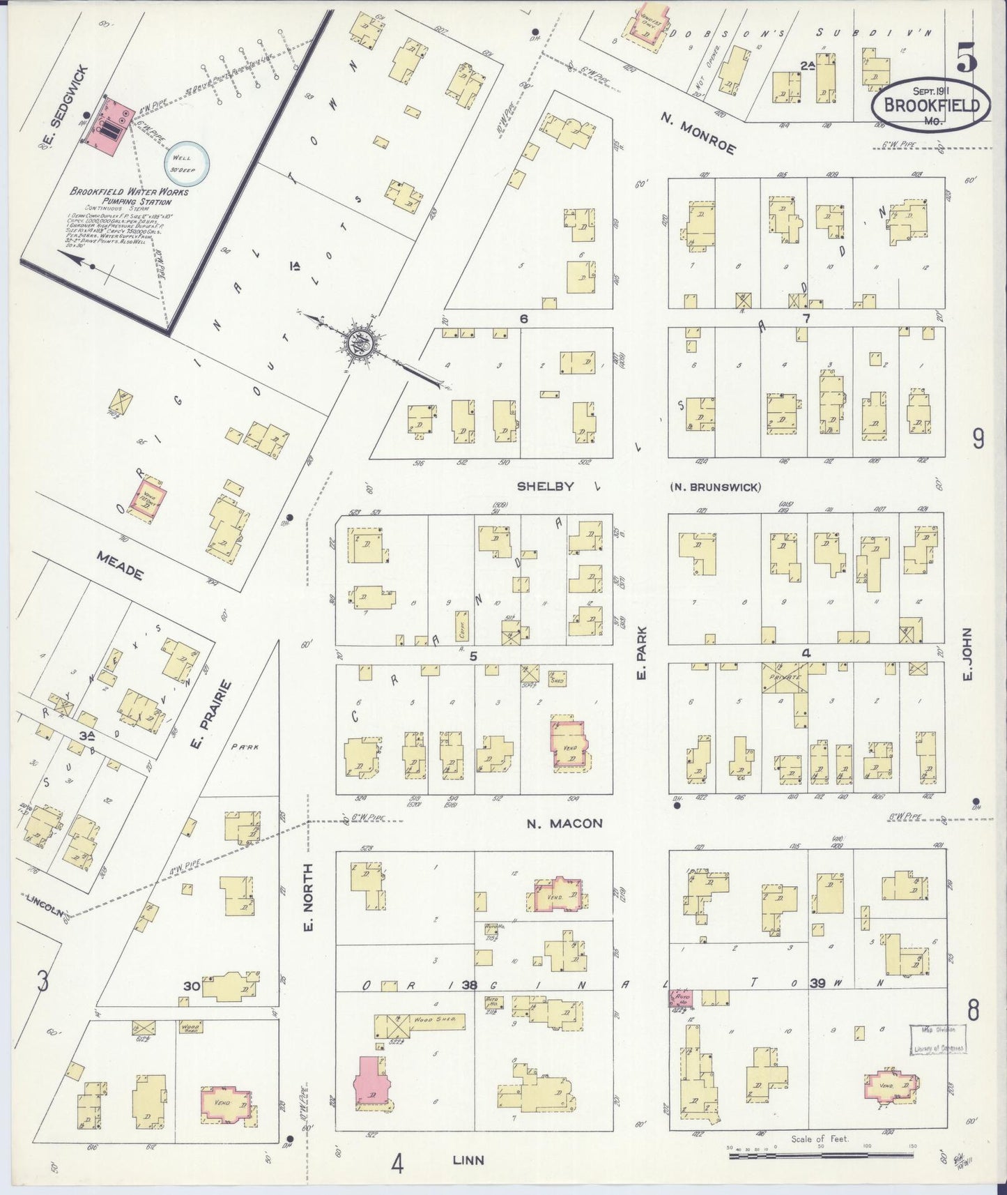 Sanborn Fire Insurance Map from Brookfield, Linn County, Missouri (1911), Sheet #0005 - Historic Sanborn Fire Insurance Map Print, vintage old map wall art, antique decor, genealogy gift, Missouri Missouri map
