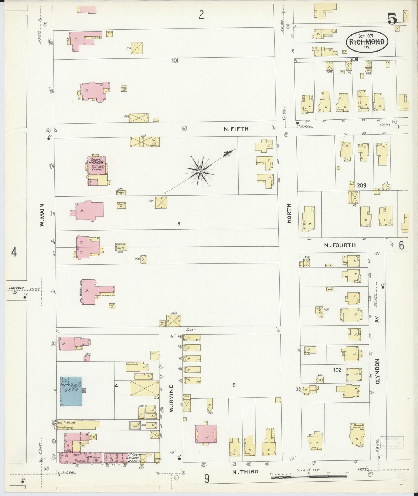 Sanborn Fire Insurance Map from Richmond, Madison County, Kentucky (1907), Sheet #0005 - Historic Sanborn Fire Insurance Map Print, vintage old map wall art, antique decor, genealogy gift, Kentucky Kentucky map