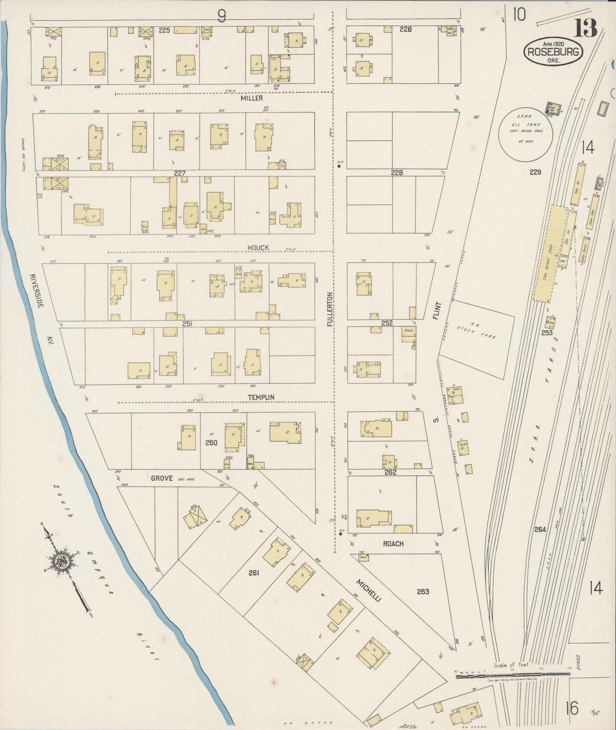 Sanborn Fire Insurance Map from Roseburg, Douglas County, Oregon (1920), Sheet #0013 - Historic Sanborn Fire Insurance Map Print, vintage old map wall art, antique decor, genealogy gift, Oregon Oregon map