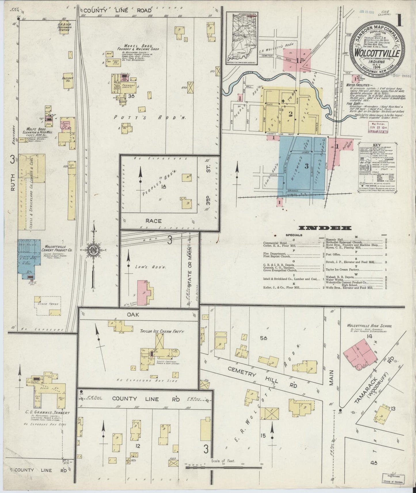 Sanborn Fire Insurance Map from Wolcottville, Noble And LaGrange Counties, Indiana (1914), Sheet #0001 - Historic Sanborn Fire Insurance Map Print, vintage old map wall art, antique decor, genealogy gift, Indiana Indiana map