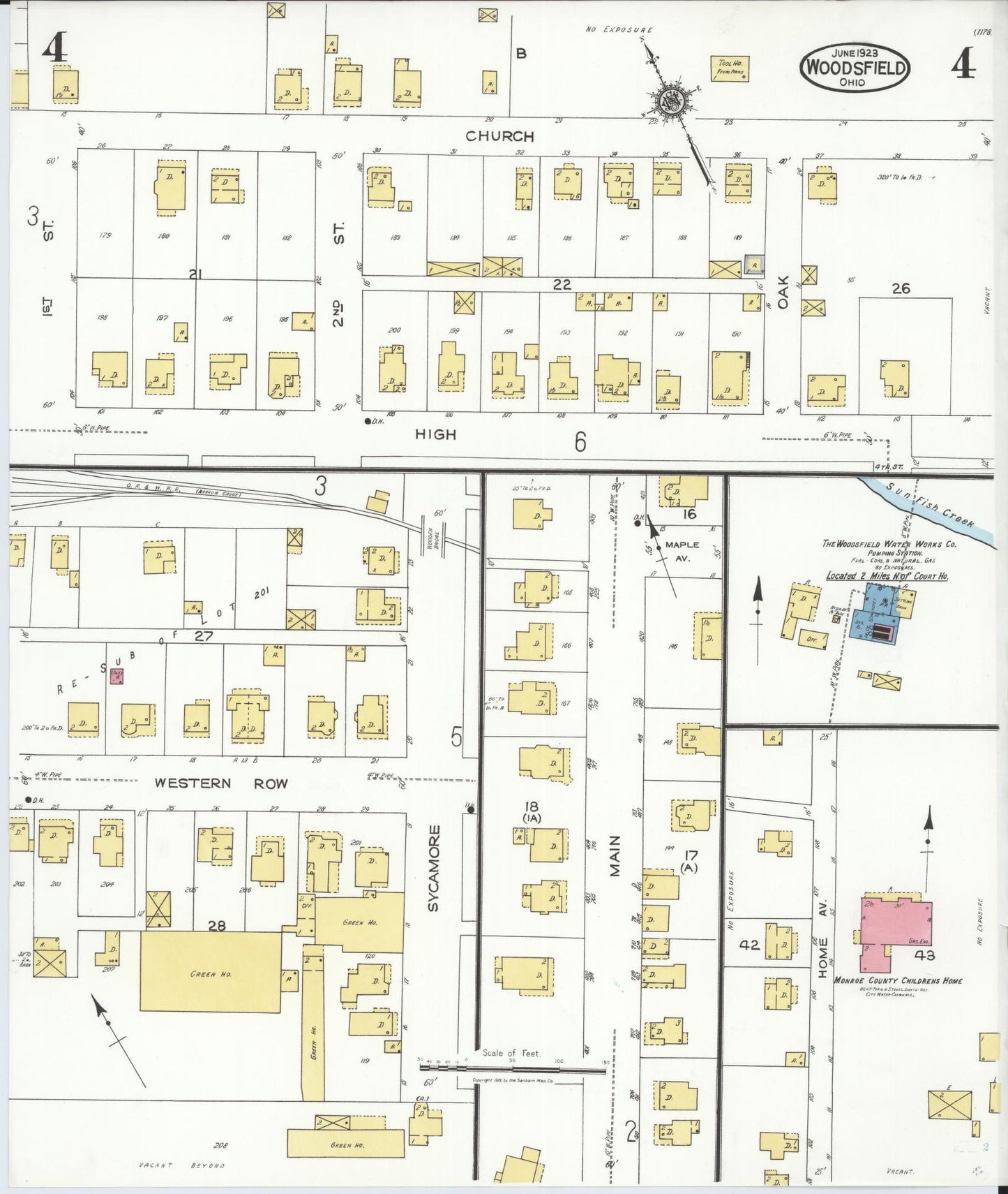 Sanborn Fire Insurance Map from Woodsfield, Monroe County, Ohio (1923), Sheet #0004 - Historic Sanborn Fire Insurance Map Print, vintage old map wall art, antique decor, genealogy gift, Ohio Ohio map