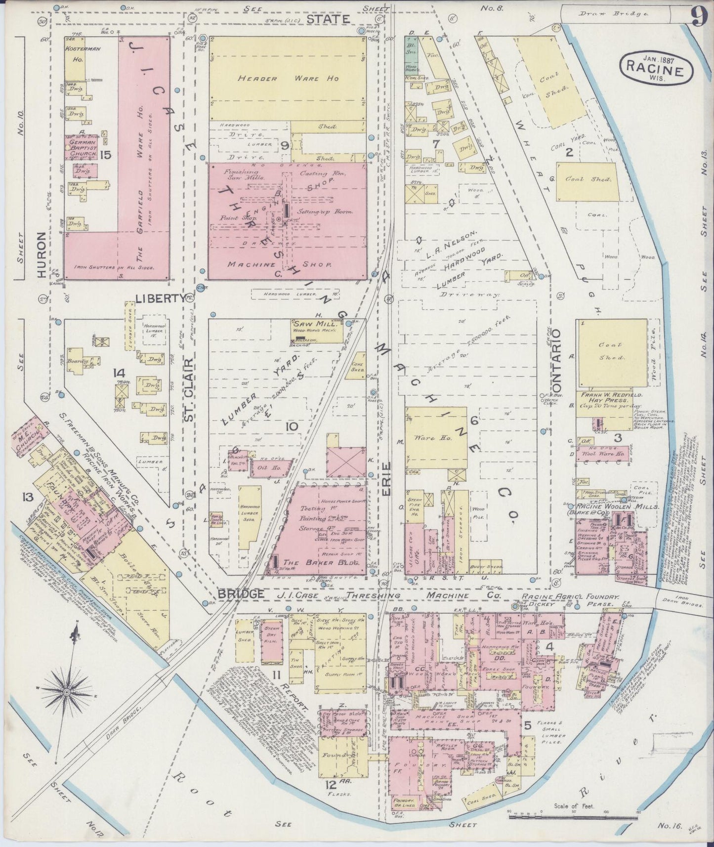 Sanborn Fire Insurance Map from Racine, Racine County, Wisconsin (1887), Sheet #0009 - Historic Sanborn Fire Insurance Map Print, vintage old map wall art, antique decor, genealogy gift, Wisconsin Wisconsin map