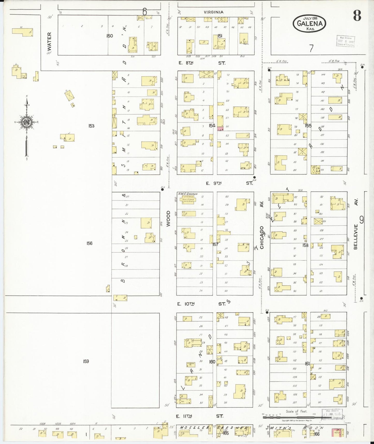 Sanborn Fire Insurance Map from Galena, Cherokee County, Kansas (1918), Sheet #0008 - Historic Sanborn Fire Insurance Map Print, vintage old map wall art, antique decor, genealogy gift, Kansas Kansas map
