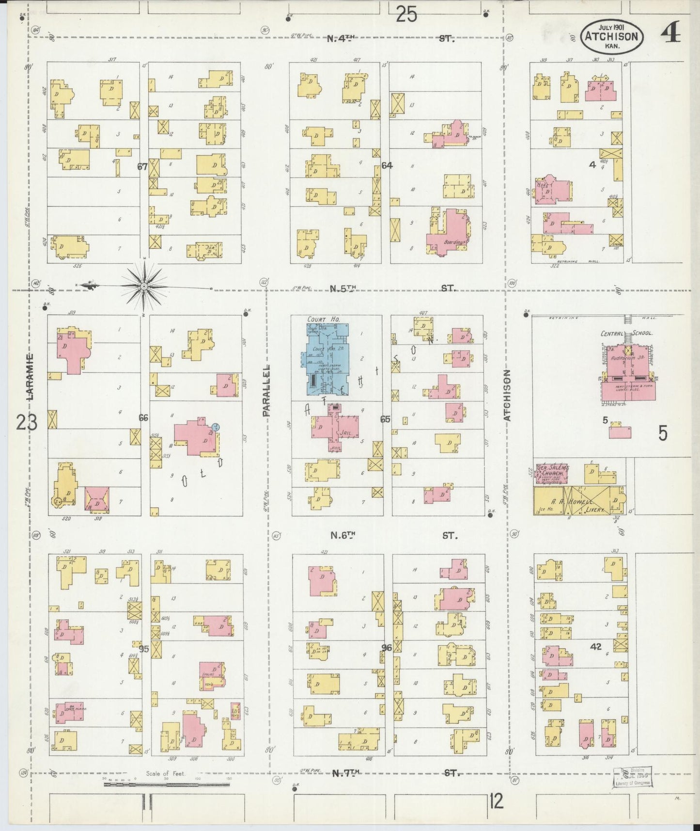 Sanborn Fire Insurance Map from Atchison, Atchison County, Kansas (1901), Sheet #0004 - Historic Sanborn Fire Insurance Map Print, vintage old map wall art, antique decor, genealogy gift, Kansas Kansas map
