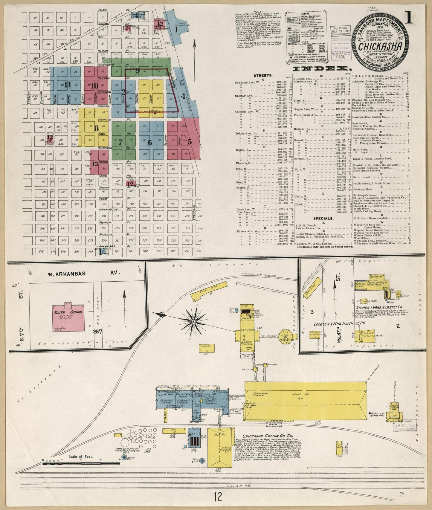 Sanborn Fire Insurance Map from Chickasha, Grady County, Oklahoma (1904), Sheet #0001 - Historic Sanborn Fire Insurance Map Print, vintage old map wall art, antique decor, genealogy gift, Oklahoma Oklahoma map