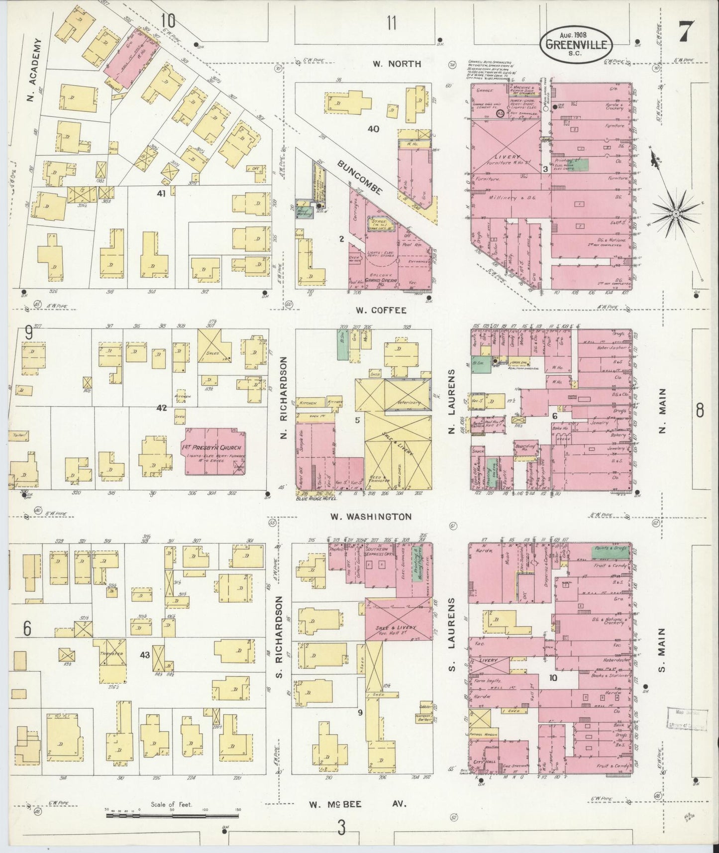 Sanborn Fire Insurance Map from Greenville, Greenville County, South Carolina (1908), Sheet #0007 - Historic Sanborn Fire Insurance Map Print, vintage old map wall art, antique decor, genealogy gift, South Carolina South Carolina map