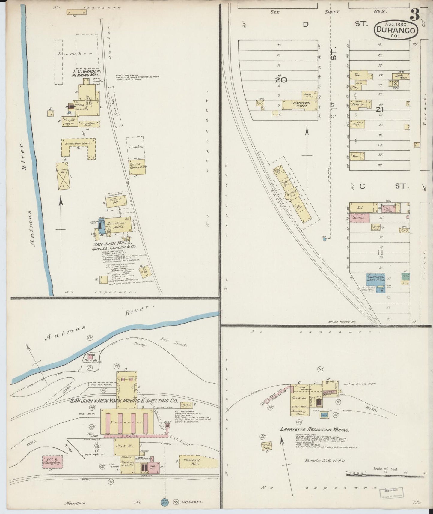 Sanborn Fire Insurance Map from Durango, La Plata County, Colorado (1886), Sheet #0003 - Historic Sanborn Fire Insurance Map Print, vintage old map wall art, antique decor, genealogy gift, Colorado Colorado map