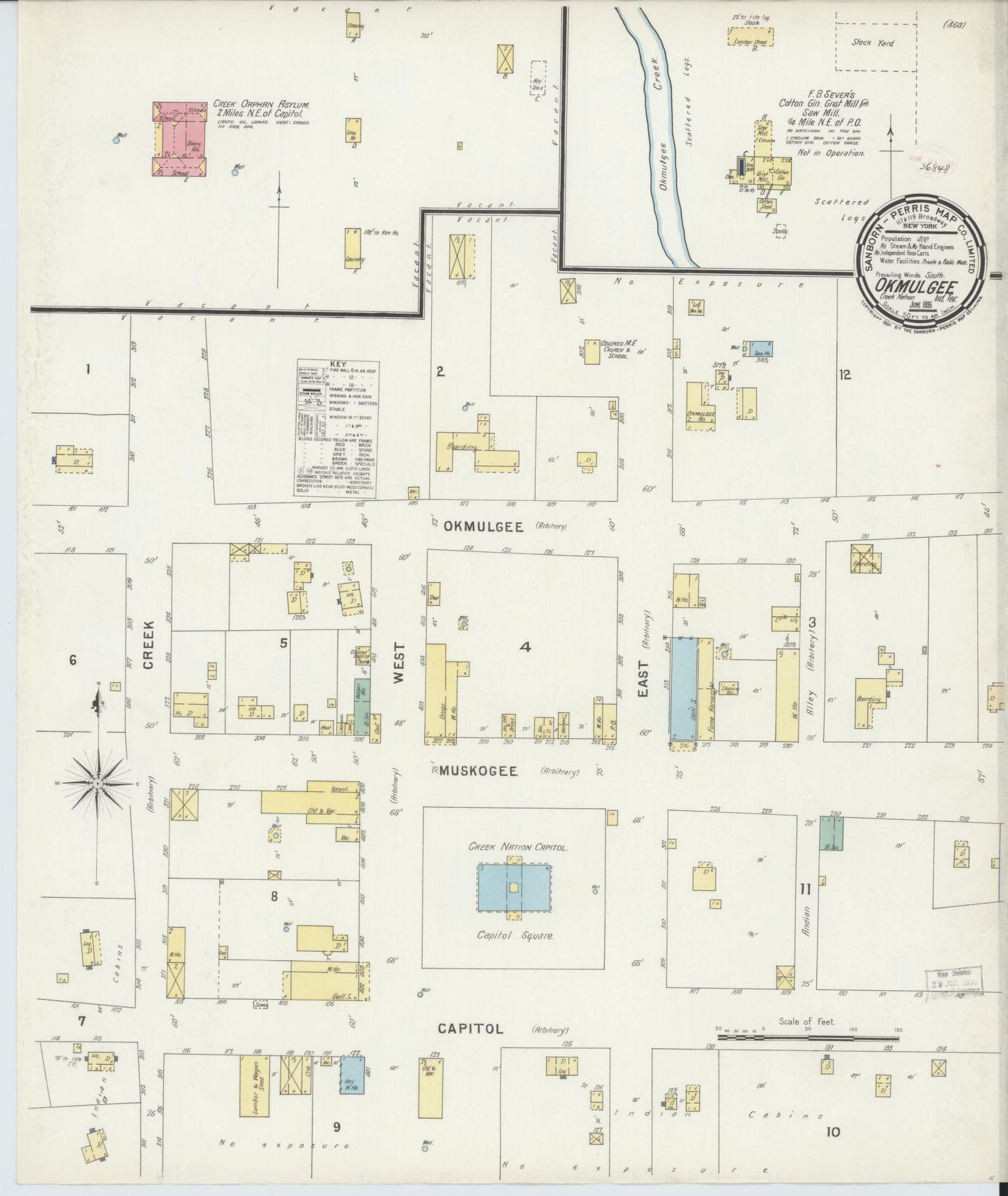 Sanborn Fire Insurance Map from Okmulgee, Okmulgee County, Oklahoma (1896), Sheet #0001 - Historic Sanborn Fire Insurance Map Print, vintage old map wall art, antique decor, genealogy gift, Oklahoma Oklahoma map