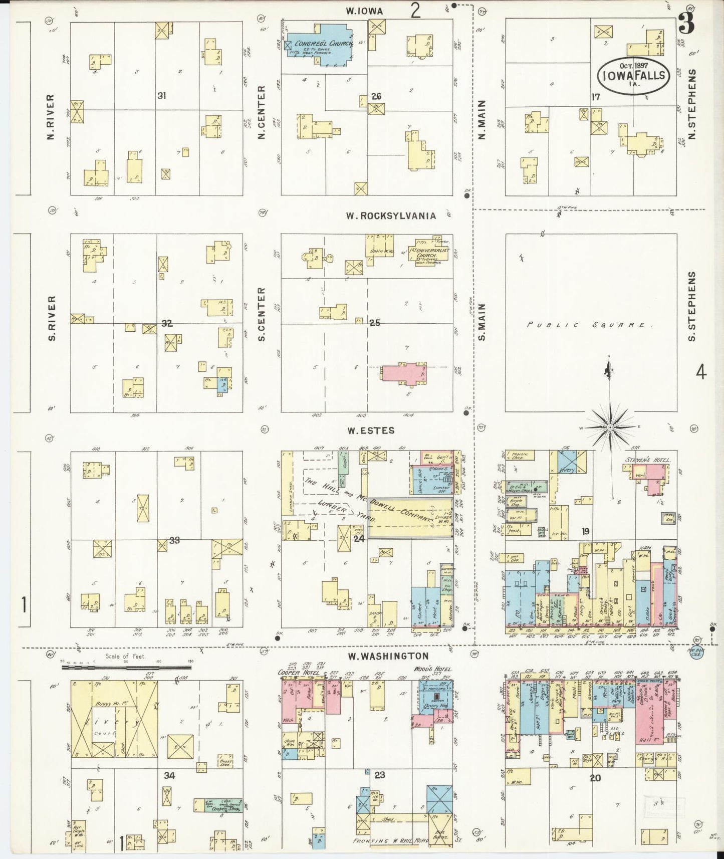 Sanborn Fire Insurance Map from Iowa Falls, Hardin County, Iowa (1897), Sheet #0003 - Historic Sanborn Fire Insurance Map Print, vintage old map wall art