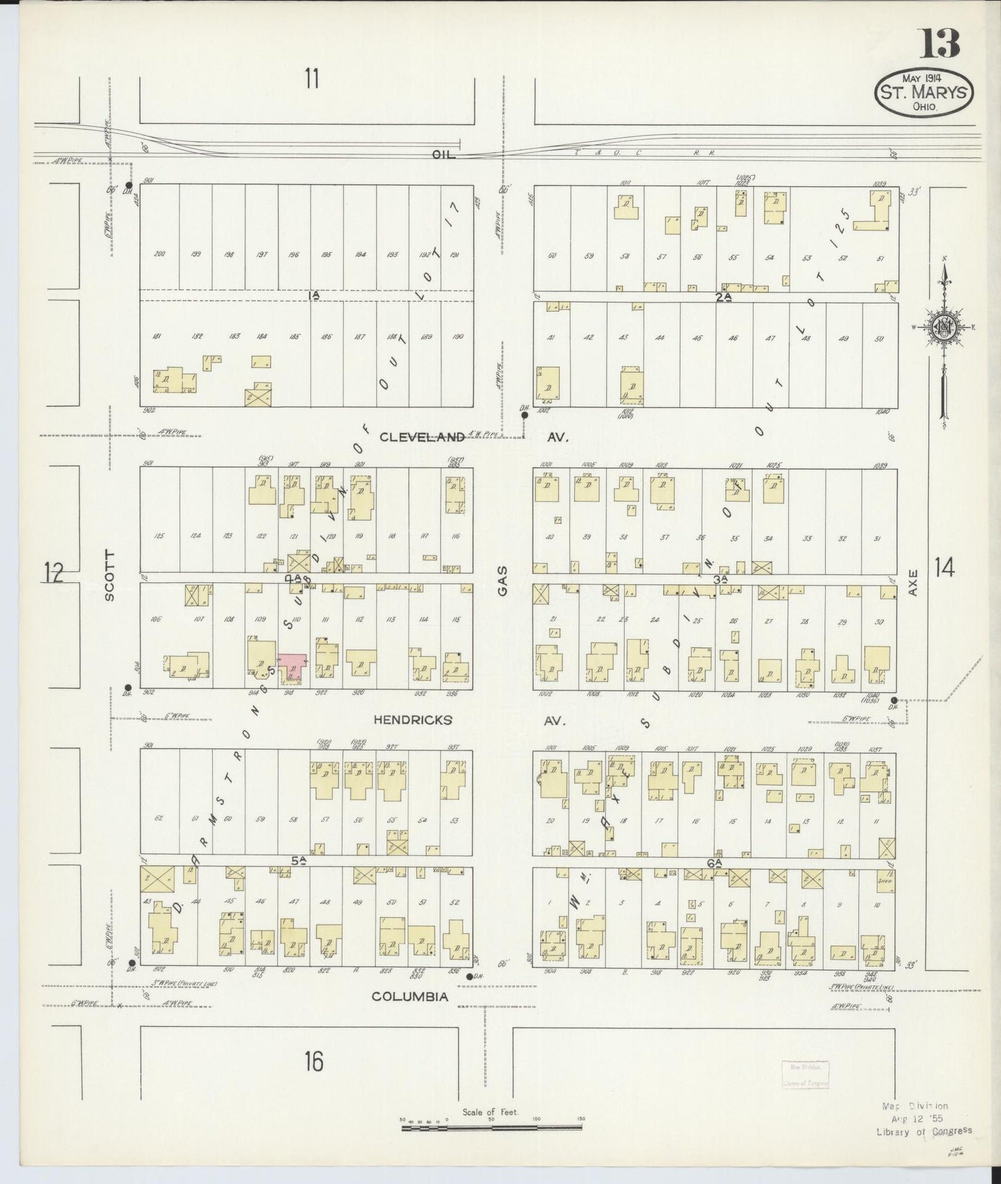 Sanborn Fire Insurance Map from Saint Marys, Auglaize County, Ohio (1914), Sheet #0013 - Historic Sanborn Fire Insurance Map Print, vintage old map wall art, antique decor, genealogy gift, Ohio Ohio map