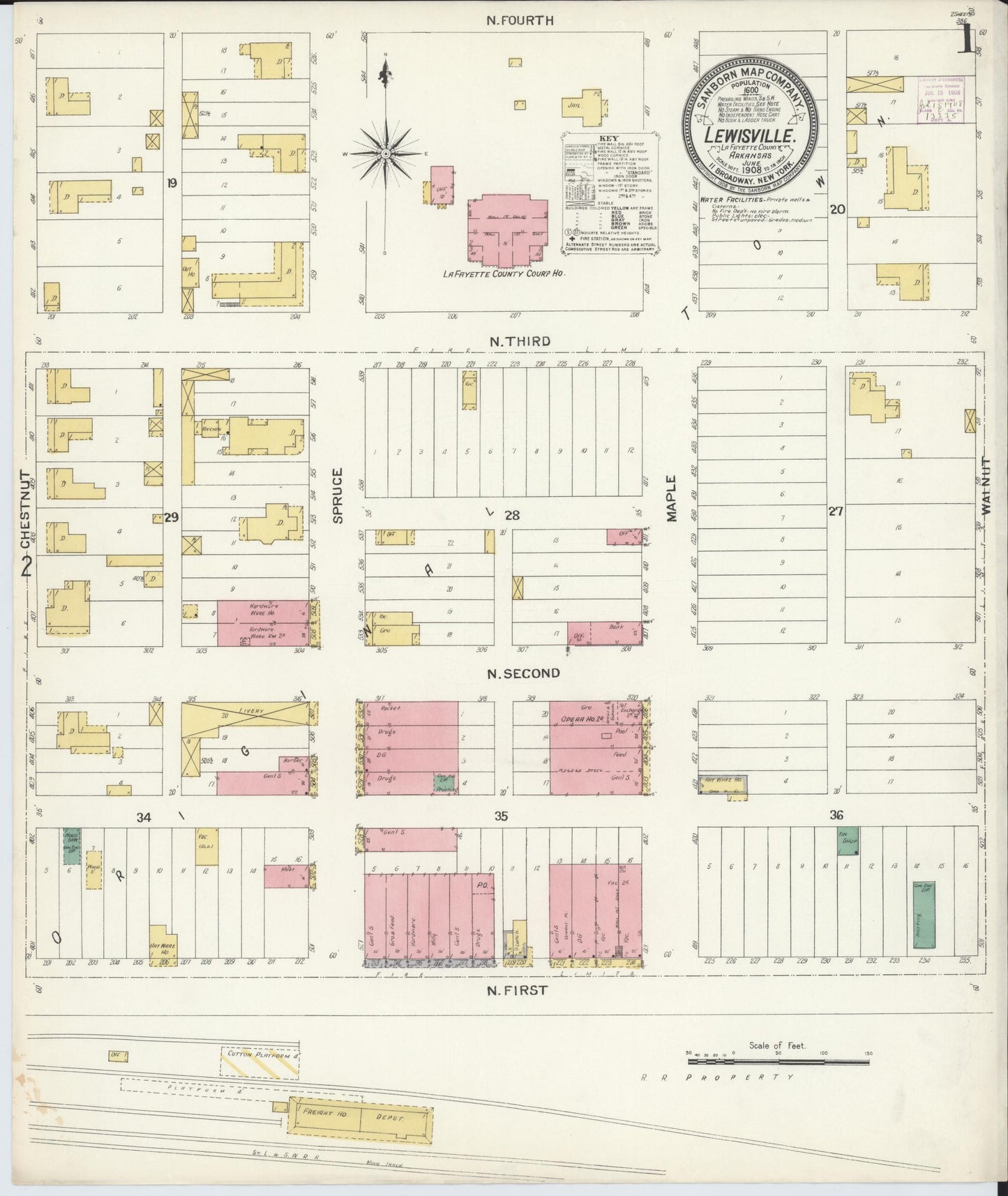 Sanborn Fire Insurance Map from Lewisville, Lafayette County, Arkansas (1908), Sheet #0001 - Historic Sanborn Fire Insurance Map Print, vintage old map wall art, antique decor, genealogy gift, Arkansas Arkansas map