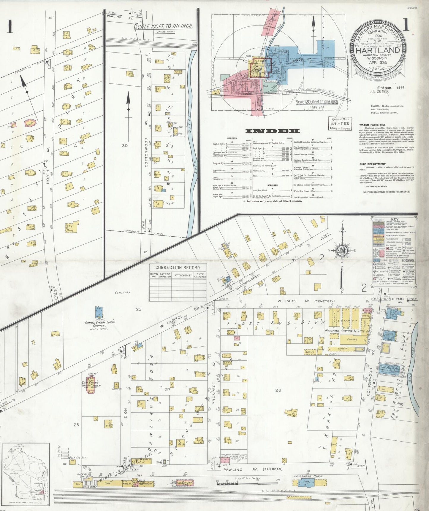 Sanborn Fire Insurance Map from Hartland, Waukesha County, Wisconsin (1935), Sheet #0001 - Historic Sanborn Fire Insurance Map Print, vintage old map wall art, antique decor, genealogy gift, Wisconsin Wisconsin map