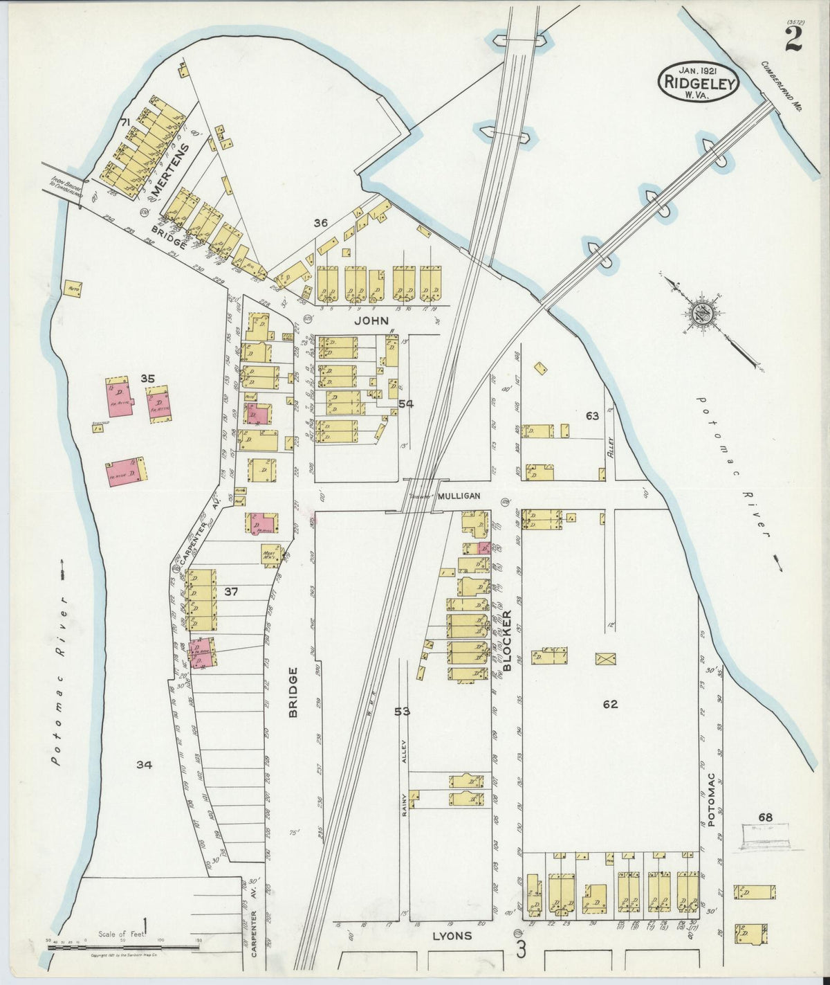 Sanborn Fire Insurance Map from Ridgeley, Mineral County, West Virginia (1921), Sheet #0002 - Historic Sanborn Fire Insurance Map Print, vintage old map wall art, antique decor, genealogy gift, West Virginia West Virginia map