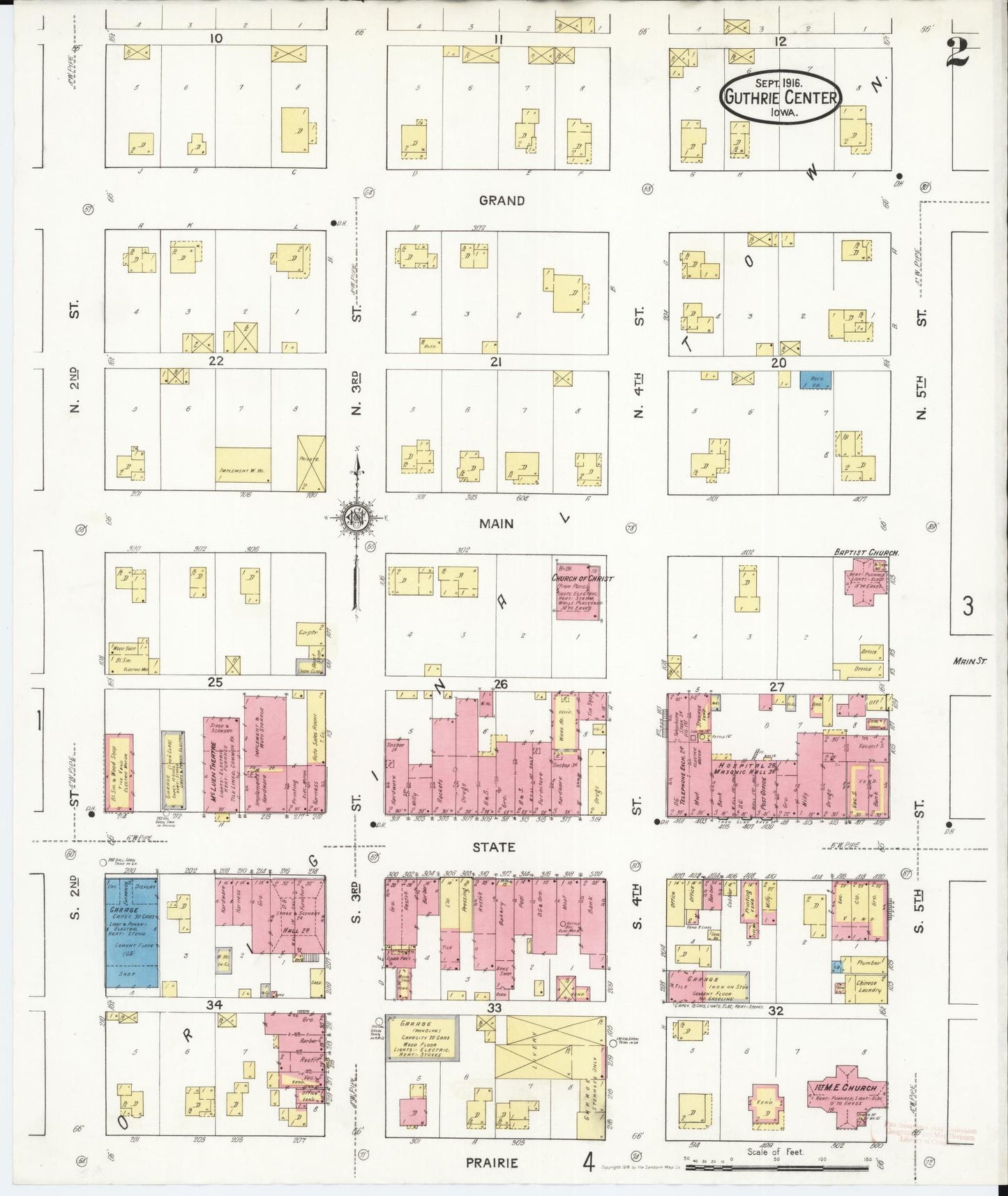 Sanborn Fire Insurance Map from Guthrie Center, Guthrie County, Iowa (1916), Sheet #0002 - Historic Sanborn Fire Insurance Map Print, vintage old map wall art
