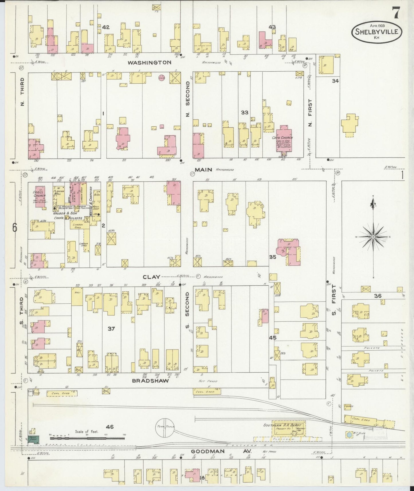 Sanborn Fire Insurance Map from Shelbyville, Shelby County, Kentucky (1909), Sheet #0007 - Historic Sanborn Fire Insurance Map Print, vintage old map wall art, antique decor, genealogy gift, Kentucky Kentucky map