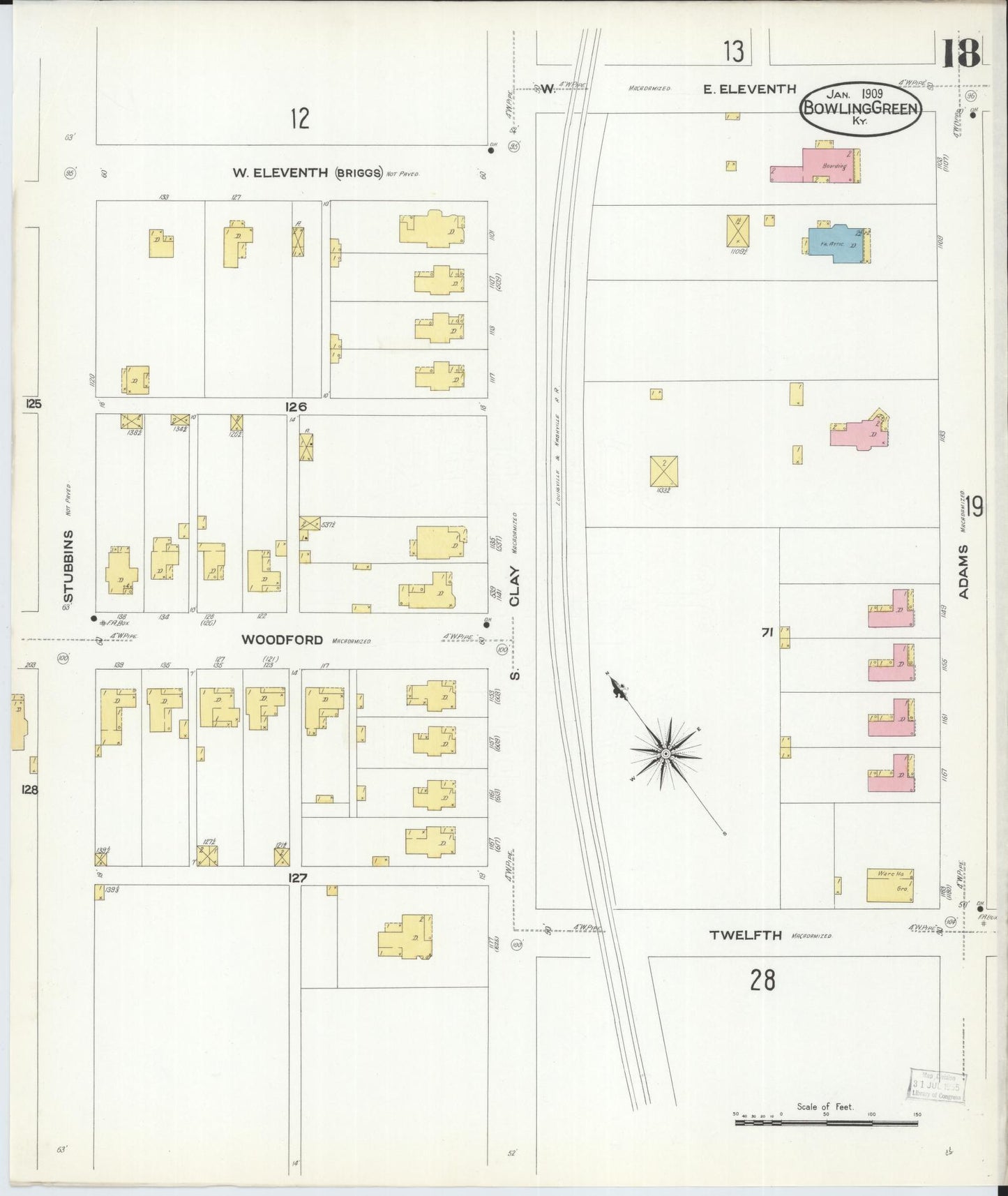Sanborn Fire Insurance Map from Bowling Green, Warren County, Kentucky (1909), Sheet #0018 - Historic Sanborn Fire Insurance Map Print, vintage old map wall art, antique decor, genealogy gift, Kentucky Kentucky map