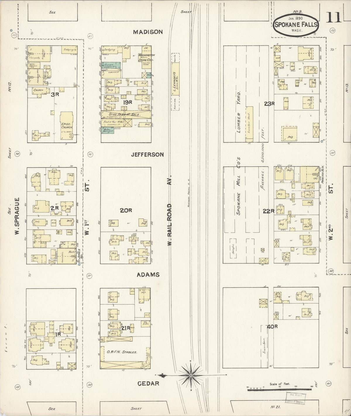 Sanborn Fire Insurance Map from Spokane, Spokane County, Washington (1890), Sheet #0011 - Historic Sanborn Fire Insurance Map Print, vintage old map wall art, antique decor, genealogy gift, Washington Washington map