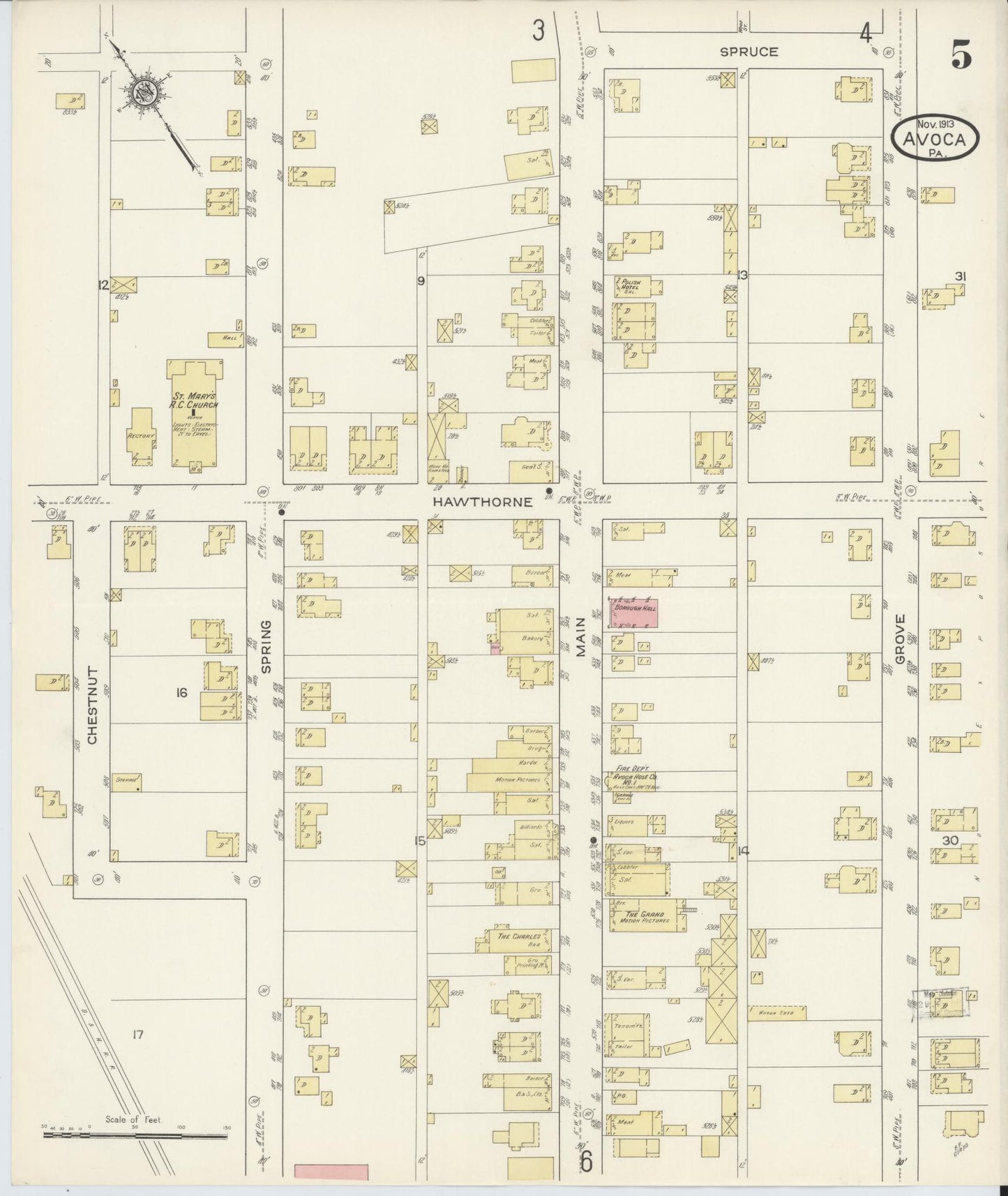 Sanborn Fire Insurance Map from Avoca, Luzerne County, Pennsylvania (1913), Sheet #0005 - Historic Sanborn Fire Insurance Map Print, vintage old map wall art, antique decor, genealogy gift, Pennsylvania Pennsylvania map