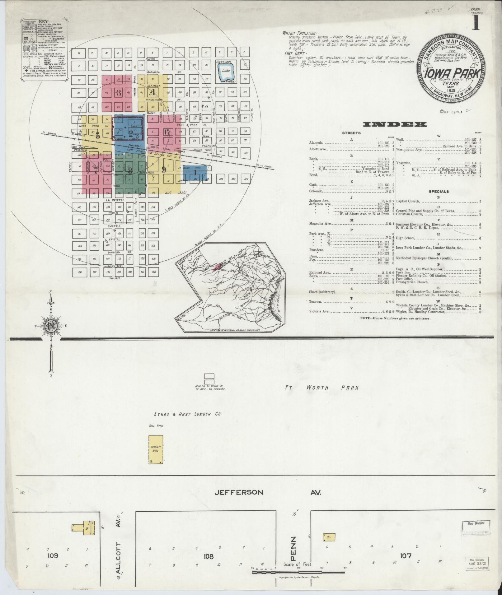 Sanborn Fire Insurance Map from Iowa Park, Wichita County, Texas (1921), Sheet #0001 - Historic Sanborn Fire Insurance Map Print