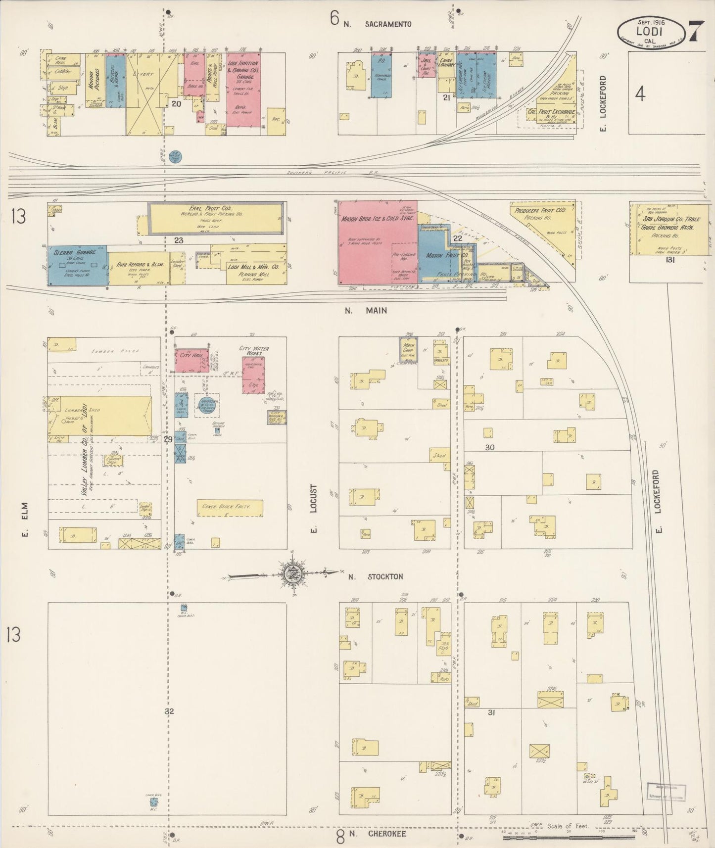 Sanborn Fire Insurance Map from Lodi, San Joaquin County, California (1916), Sheet #0007 - Historic Sanborn Fire Insurance Map Print, vintage old map wall art, antique decor, genealogy gift, California California map