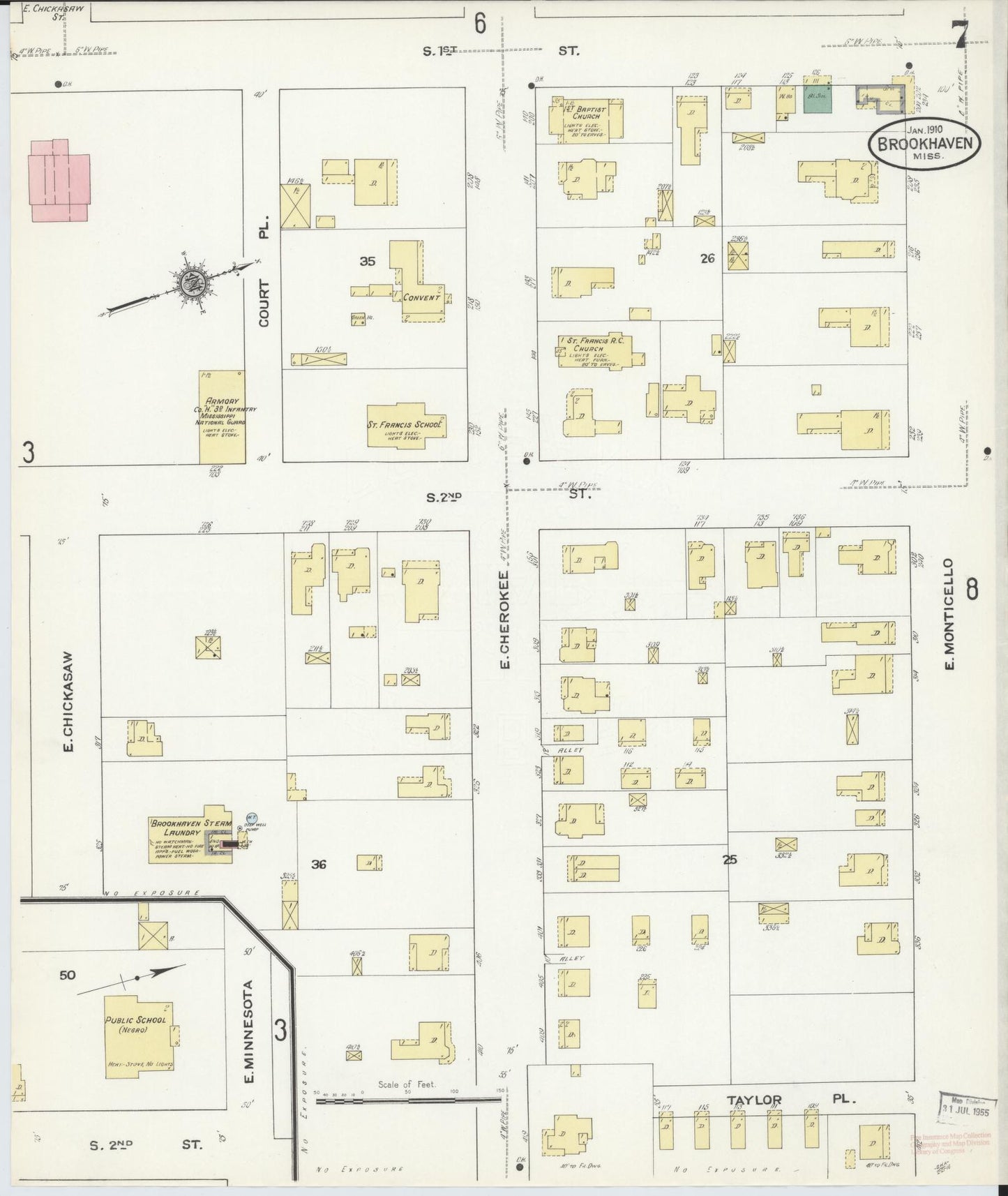 Sanborn Fire Insurance Map from Brookhaven, Lincoln County, Mississippi (1910), Sheet #0007 - Historic Sanborn Fire Insurance Map Print, vintage old map wall art, antique decor, genealogy gift, Mississippi Mississippi map