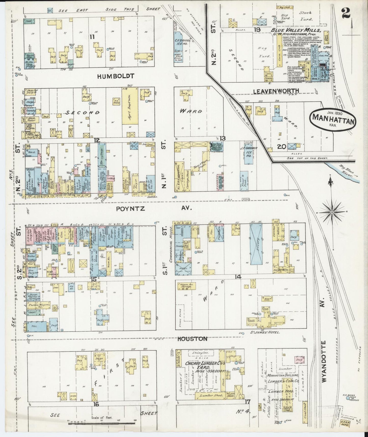Sanborn Fire Insurance Map from Manhattan, Riley County, Kansas (1890), Sheet #0002 - Historic Sanborn Fire Insurance Map Print, vintage old map wall art, antique decor, genealogy gift, Kansas Kansas map