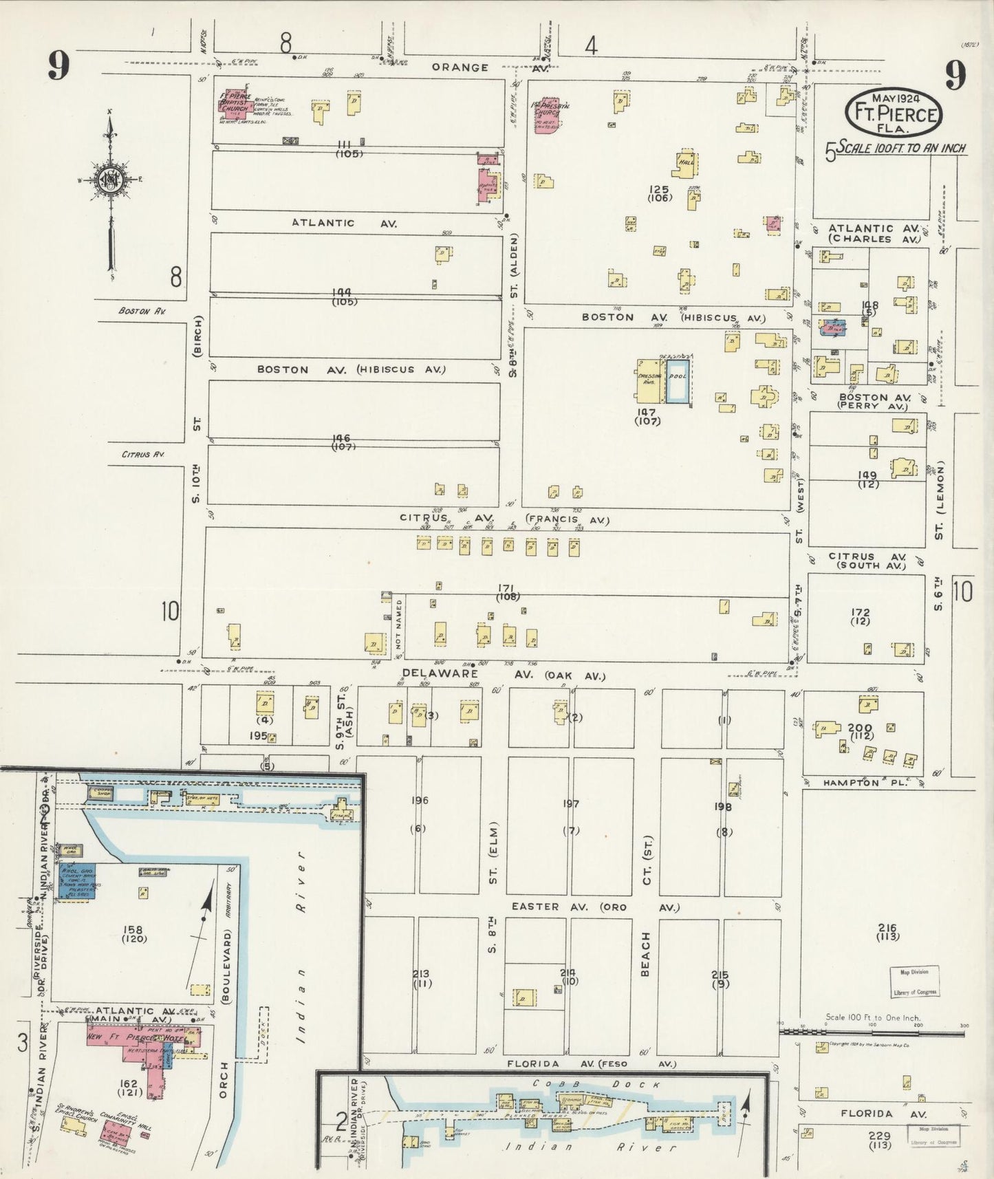 Sanborn Fire Insurance Map from Fort Pierce, St Lucie County, Florida (1924), Sheet #0009 - Historic Sanborn Fire Insurance Map Print, vintage old map wall art, antique decor, genealogy gift, Florida Florida map